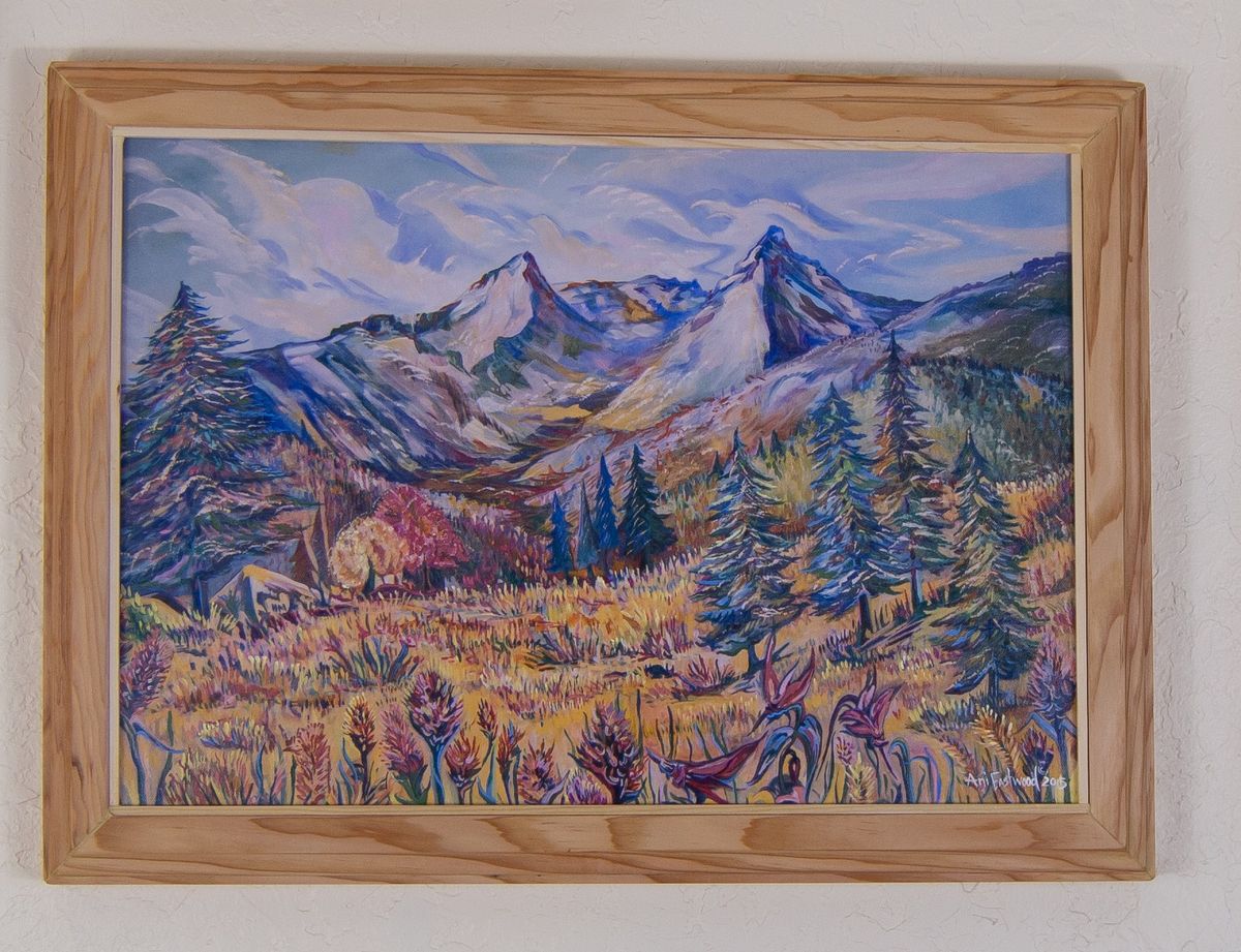 Example of embellished giclee $350 Douglas Fir framed trapper's peak