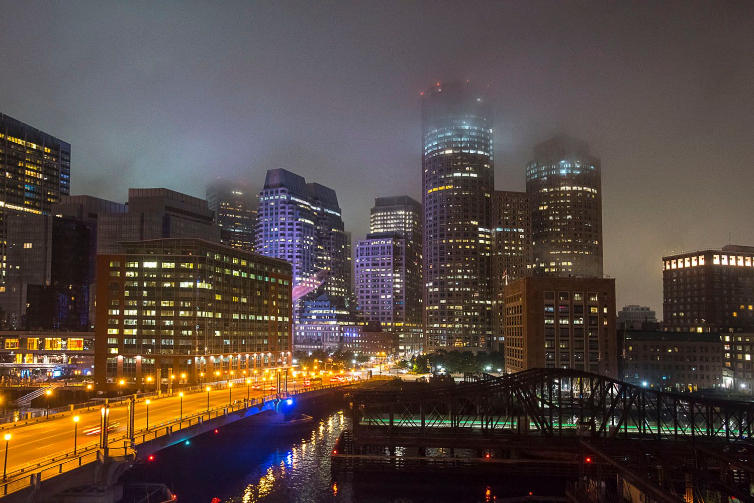 Boston at night in the fog