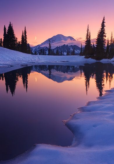 Chinook Pass, Washington. Denver Audubon Share the View 2012 Collection. Twilight Tarn and Crescent Moon, Mount Rainier