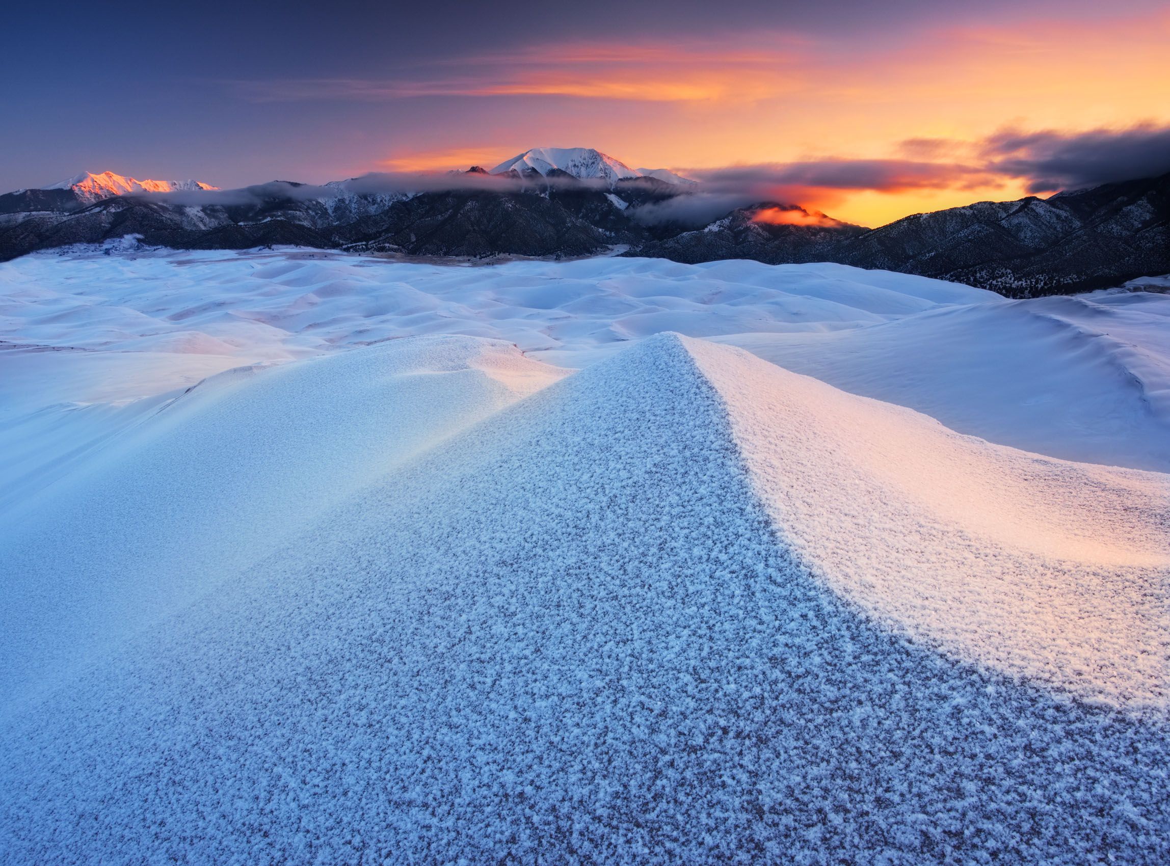 Great Sand Dunes National Park, Colorado. Juried into the North American Nature Photography Association (NANPA) Showcase 2011 Juried into the Audubon Society of Greater Denver's Share the View 2012 collection. Finalist, National Geographic annual contest 2011 Hoar Frost on High Dune