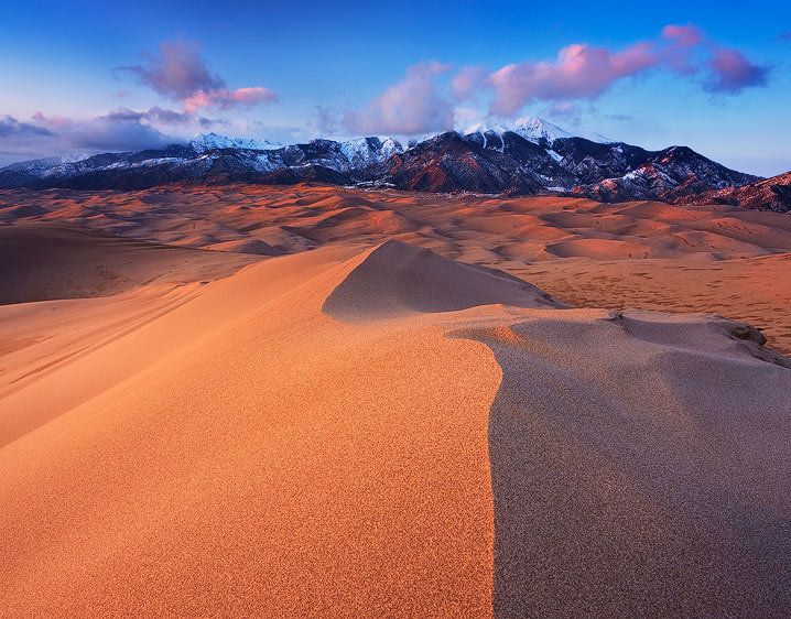 Great Sand Dunes National Park, Colorado Golden Dunes and Sangre De Cristo Range at Sunset
