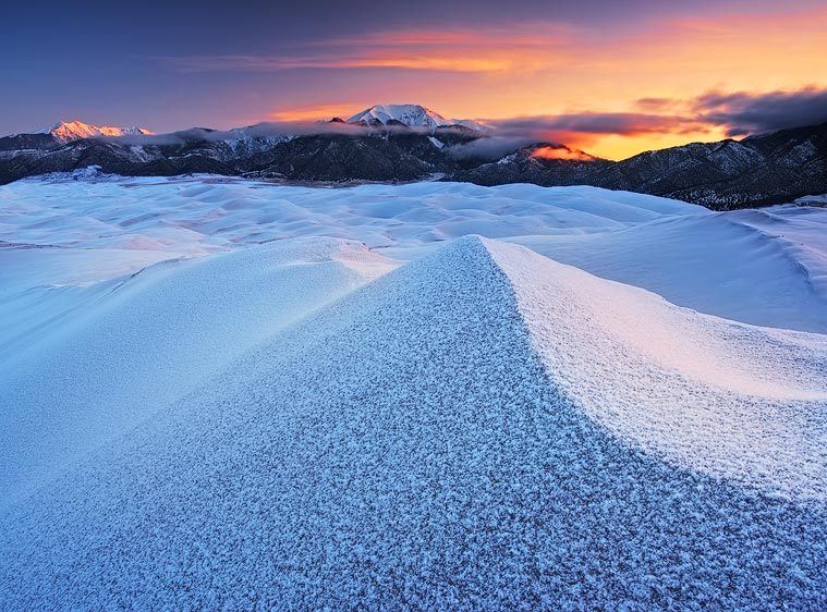 Great Sand Dunes National Park, Colorado. Juried into the North American Nature Photography Association (NANPA) Showcase 2011 Juried into the Audubon Society of Greater Denver's Share the View 2012 collection. Finalist, National Geographic annual 2011 contest. Hoar Frost on High Dune