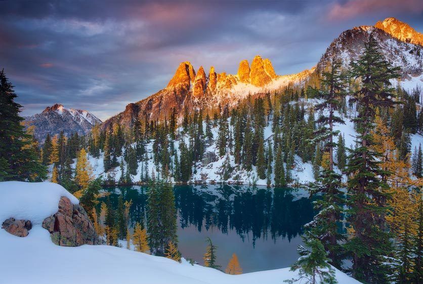 North Cascades national Park, Washington Early Winters Spires Alpenglow from Blue Lake
