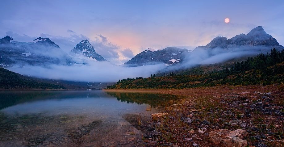 Mount Assiniboine Provincial Park, British Columbia, Canada Full Moon Over Sunburst Peak, Dawn Panorama