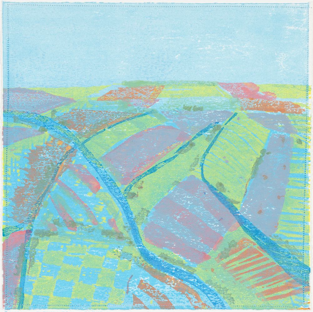 * $350 (Unframed),  FREE SHIPPING  * Rivers and Fields - Woodcut and thread on paper - Edition of 12, 17 x 16" - 2025 Rivers and Fields.jpg