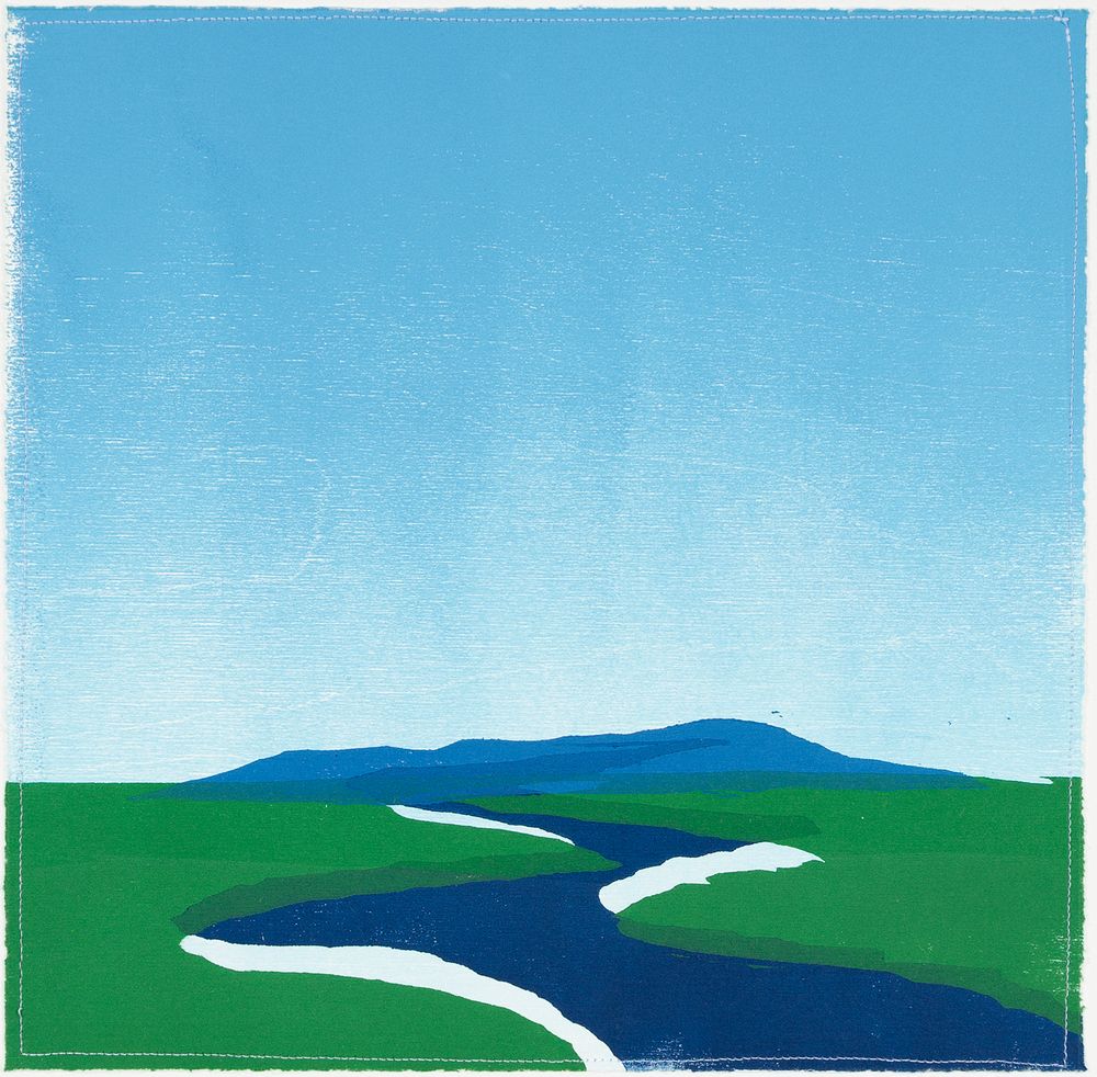 * NEW RELEASE: $350 (Unframed) FREE SHIPPING  * Blue Sky - Blue River - Woodcut and thread on paper - Edition of 12, 16 x 15" - 2025 Blue Sky Blue River.jpg