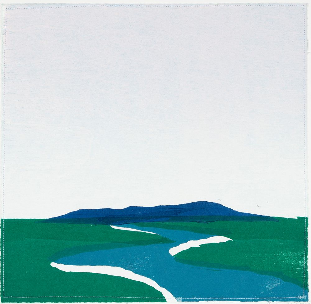 * NEW RELEASE: $350 (Unframed), FREE SHIPPING  * Pink Sky Blue River - Woodcut and thread on paper - Edition of 10, 16 x 15" - 2025 Pink Sky Blue River.jpg