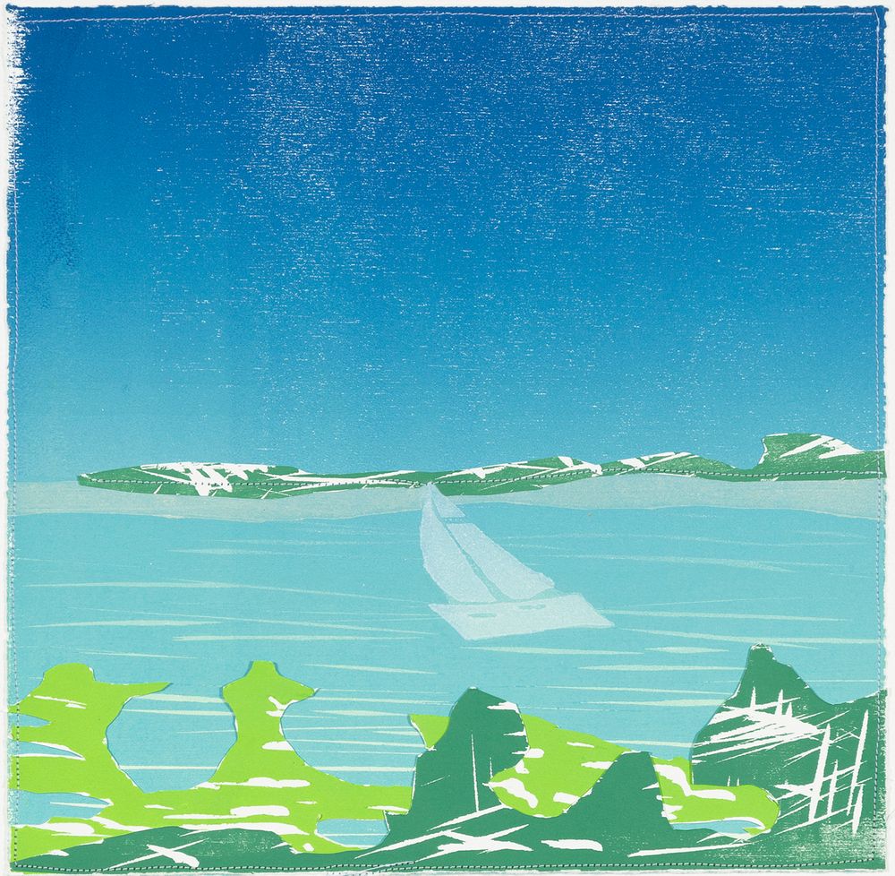* NEW RELEASE: $350 (Unframed), FREE SHIPPING  * Morning Sail - Woodcut and thread on paper - Edition of 10, 16 x 15" - 2025 Morning Sail.jpg