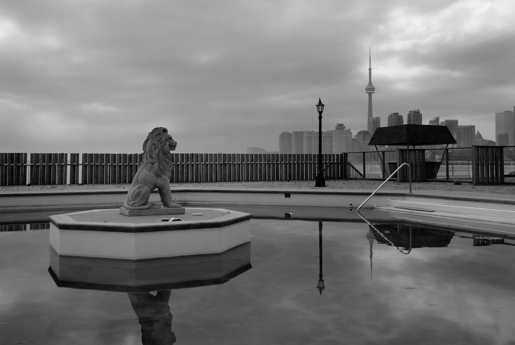 From the book "Views of the CN Tower"; Oasis Swimming Pool, Port Lands, Toronto. View North-West