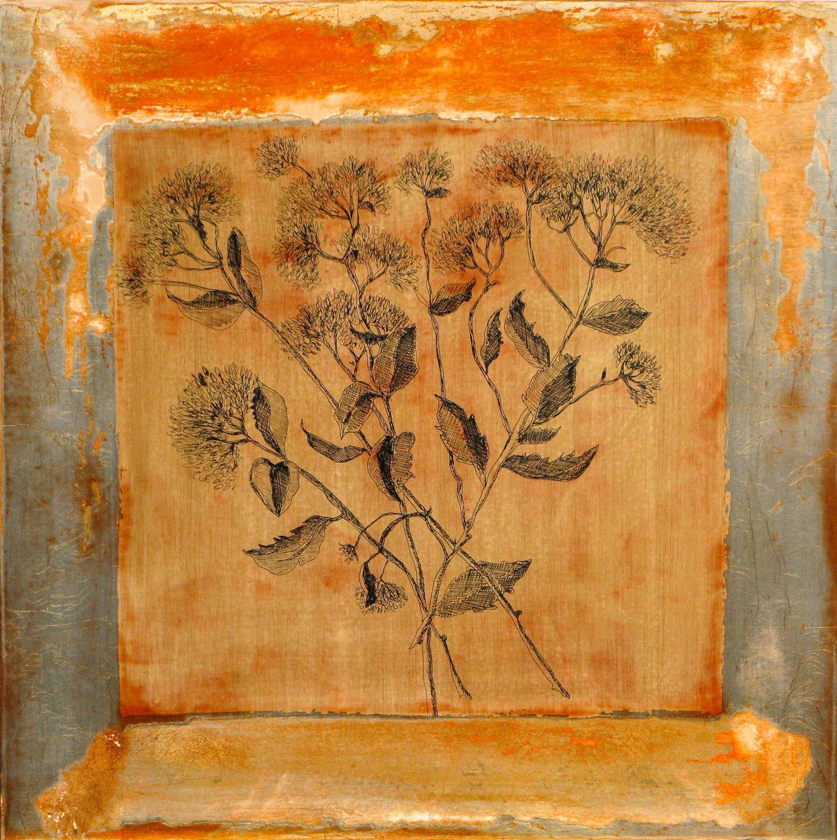 20"X20"INK, ALUMINUM LEAF, LACQUER, PANELSOLD 23RD AND MAIN