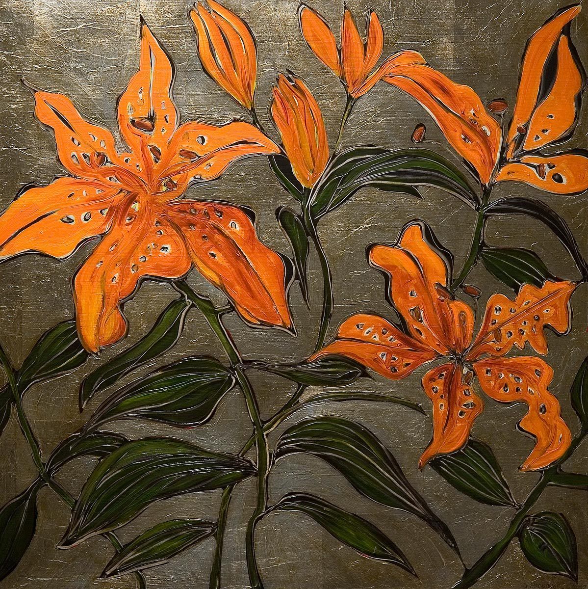 30"X30"ACRYLIC, ALUMINUM LEAF, PANELSOLD ORANGE LILIES