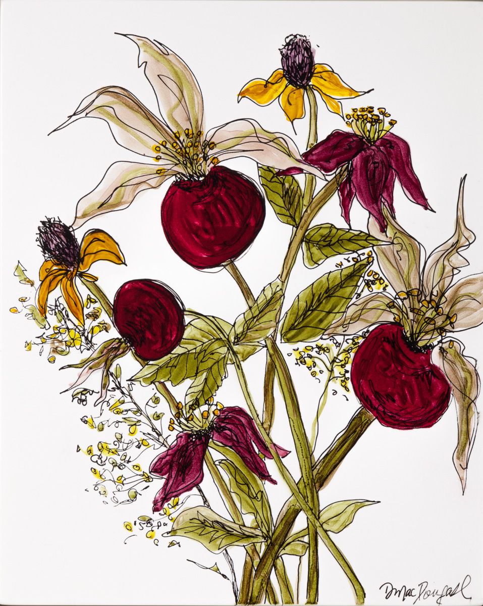 8"X10"INK, LACQUER, PANEL (WHITE FRAME) ROSEHIPS