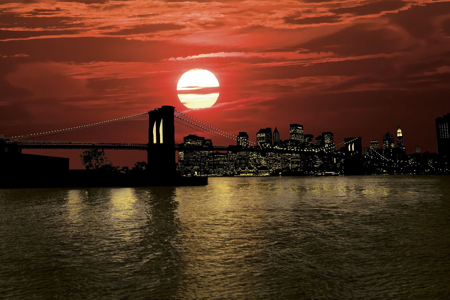 Brooklyn Bridge with Red Sky and Gold Water 