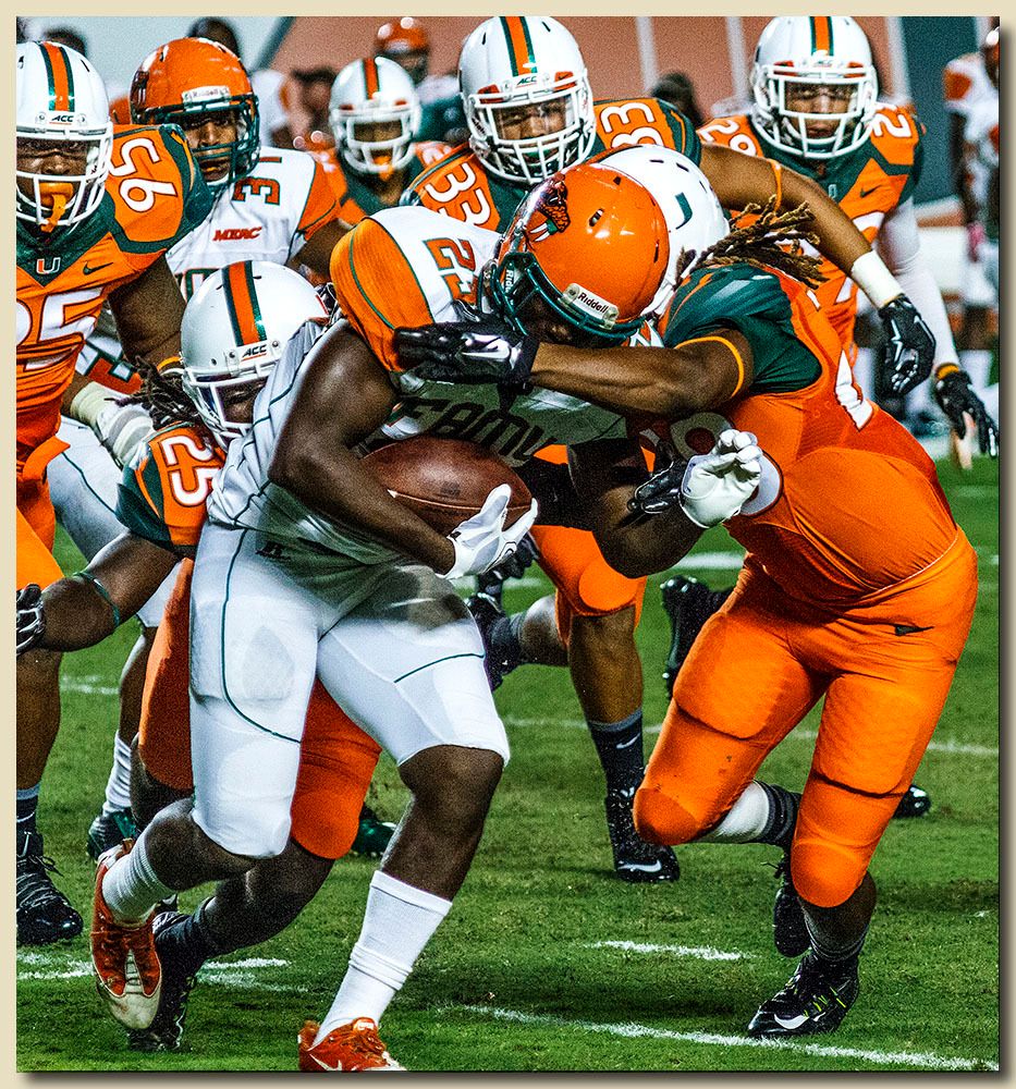Miami Hurricanes vs Florida A&M Rattlers at Sun Life Stadium  09-06-2014 Nantambu-Akil Fentress (28) Tackler