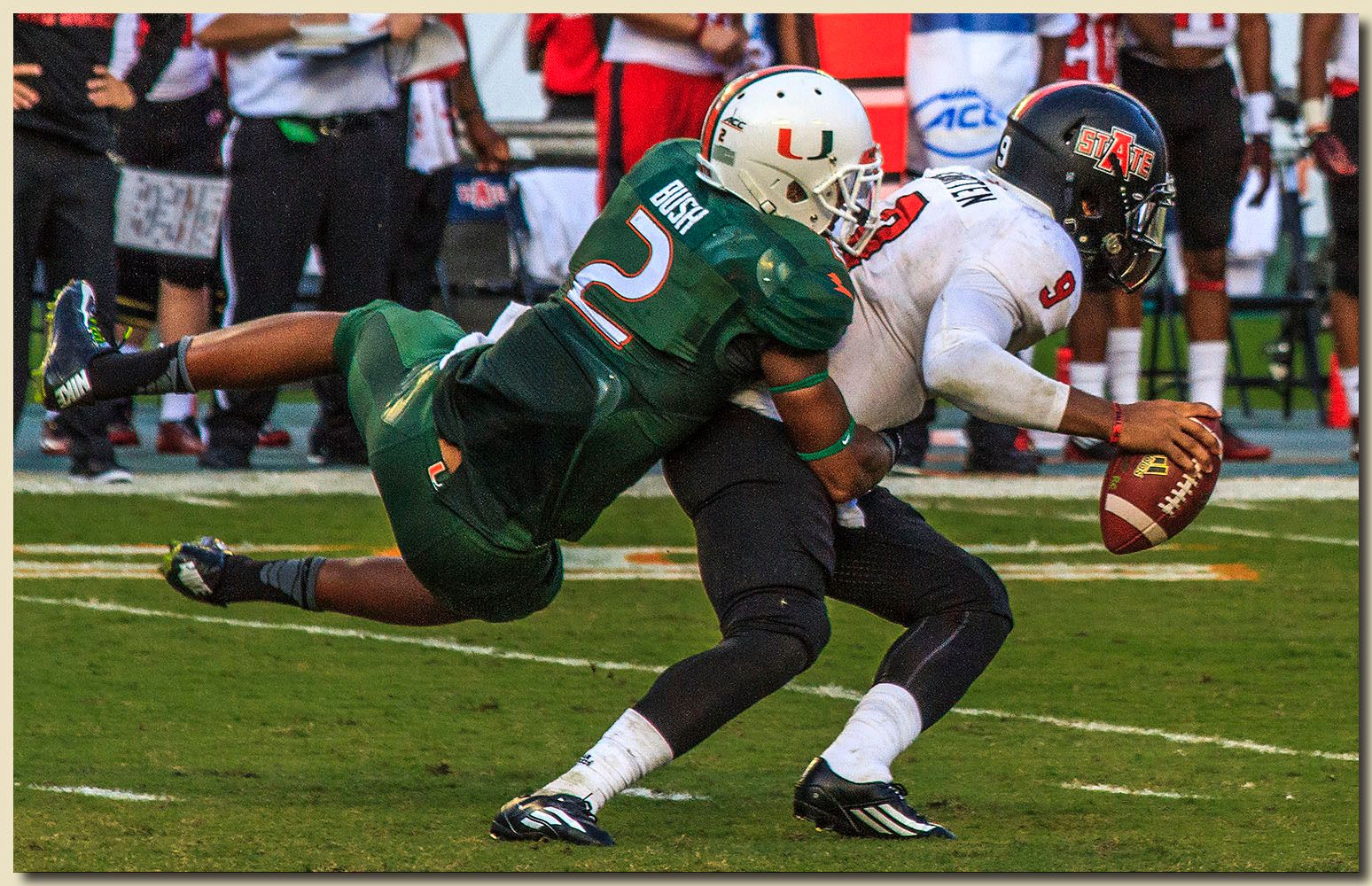 Miami Hurricanes vs Arkansas State Red Wolves at Sun Life Stadium  09-13-2014 Deon Bush (2) Tackler