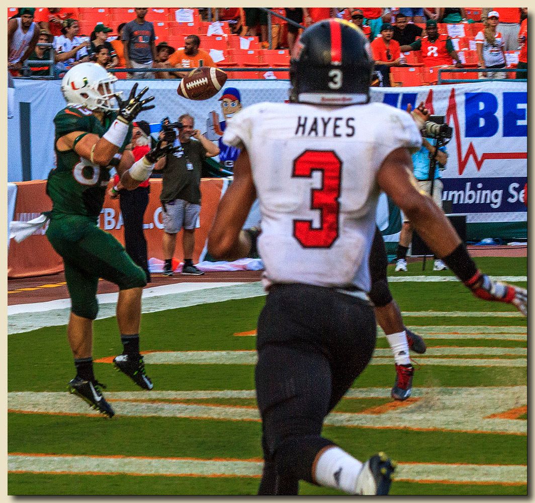Miami Hurricanes vs Arkansas State Red Wolves at Sun Life Stadium  09-13-2014 Touchdown Braxton Barrios (83) I