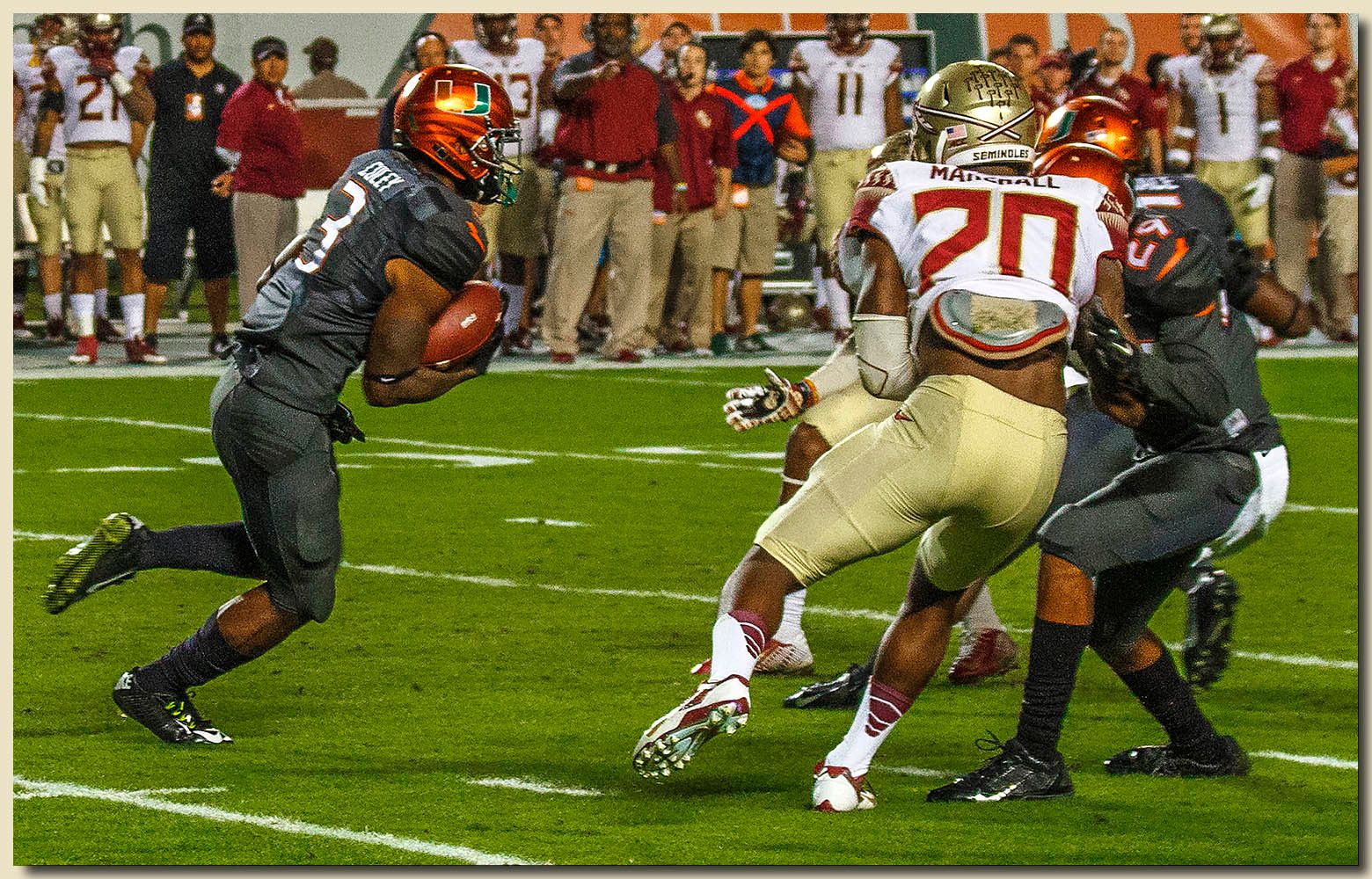 Miami Hurricanes vs Florida State Seminoles at Sun Life Stadium  11-15-2014 Stacy Coley (3) Ball Carrier