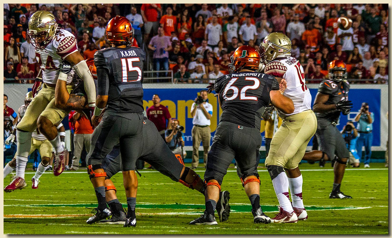 Miami Hurricanes vs Florida State Seminoles at Sun Life Stadium  11-15-2014 Brad Kaaya (15) Passer and Clive Walford (46) Receiver