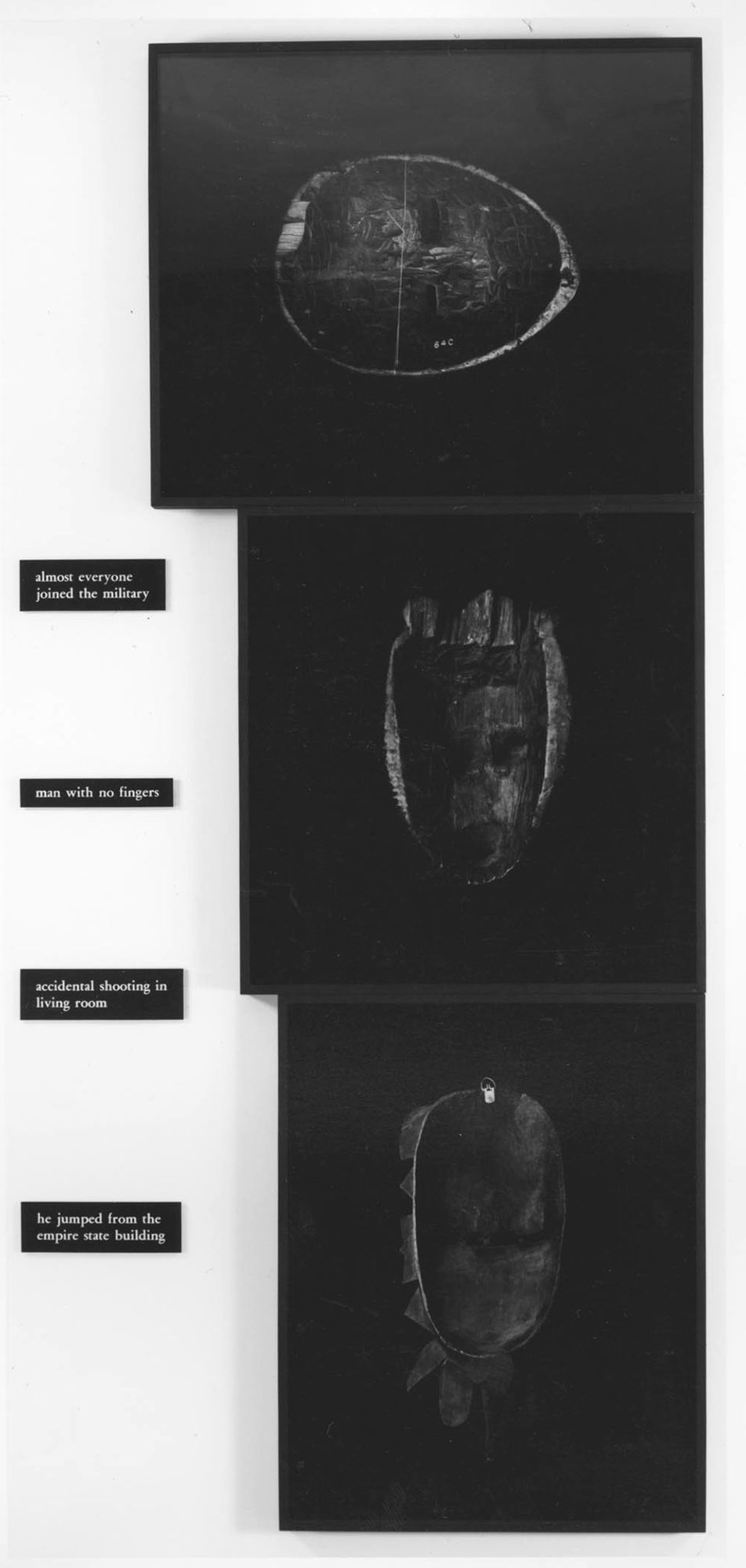 3 silver gelatin prints, 4 engraved plastic plaques - Overall: 120 x 55 in (304.8 x 139.7 cm) The Service, 1991