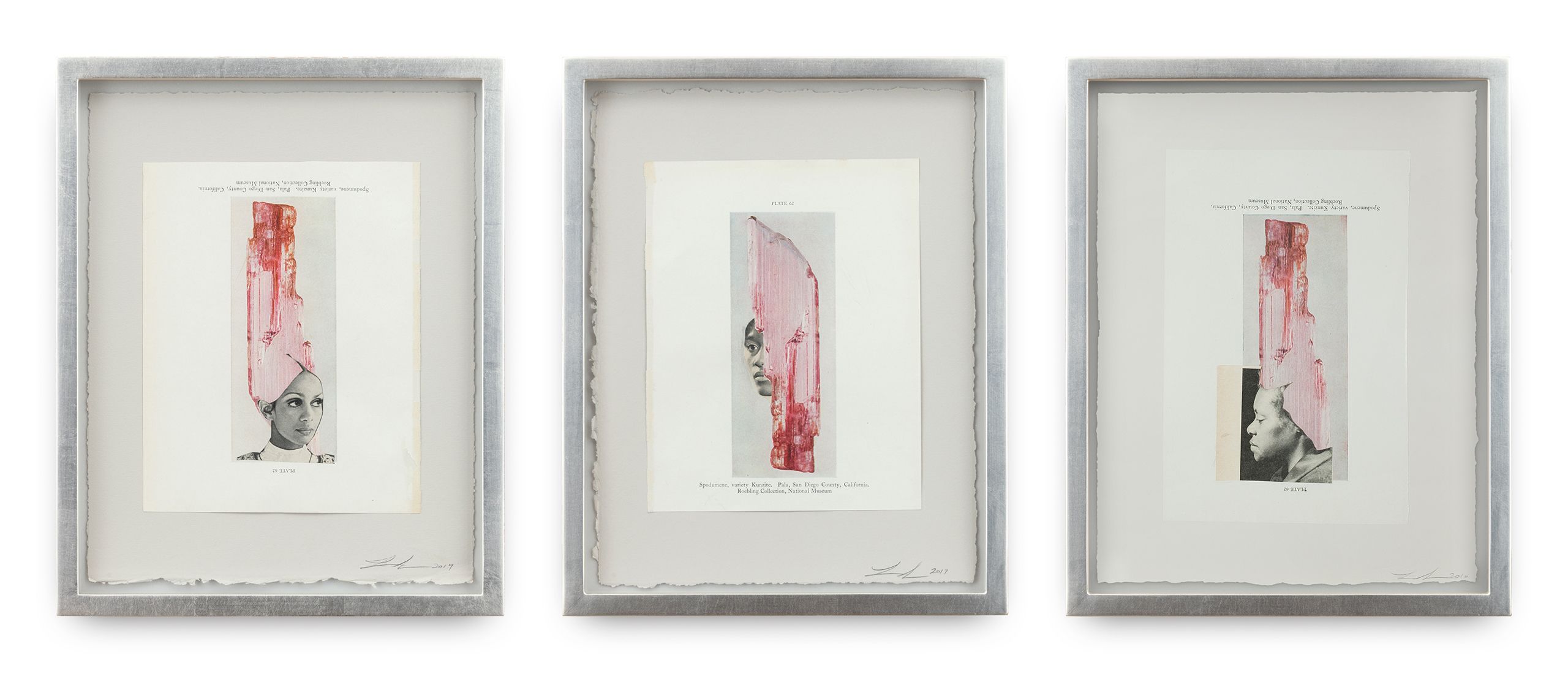 Collage on paper, 3 framed collages - Installation dimensions variable - Each: 12 1/2 x 10 x 1 1/2 in (31.75 x 25.4 x 3.8 cm) Pink Ice, 2016-2017
