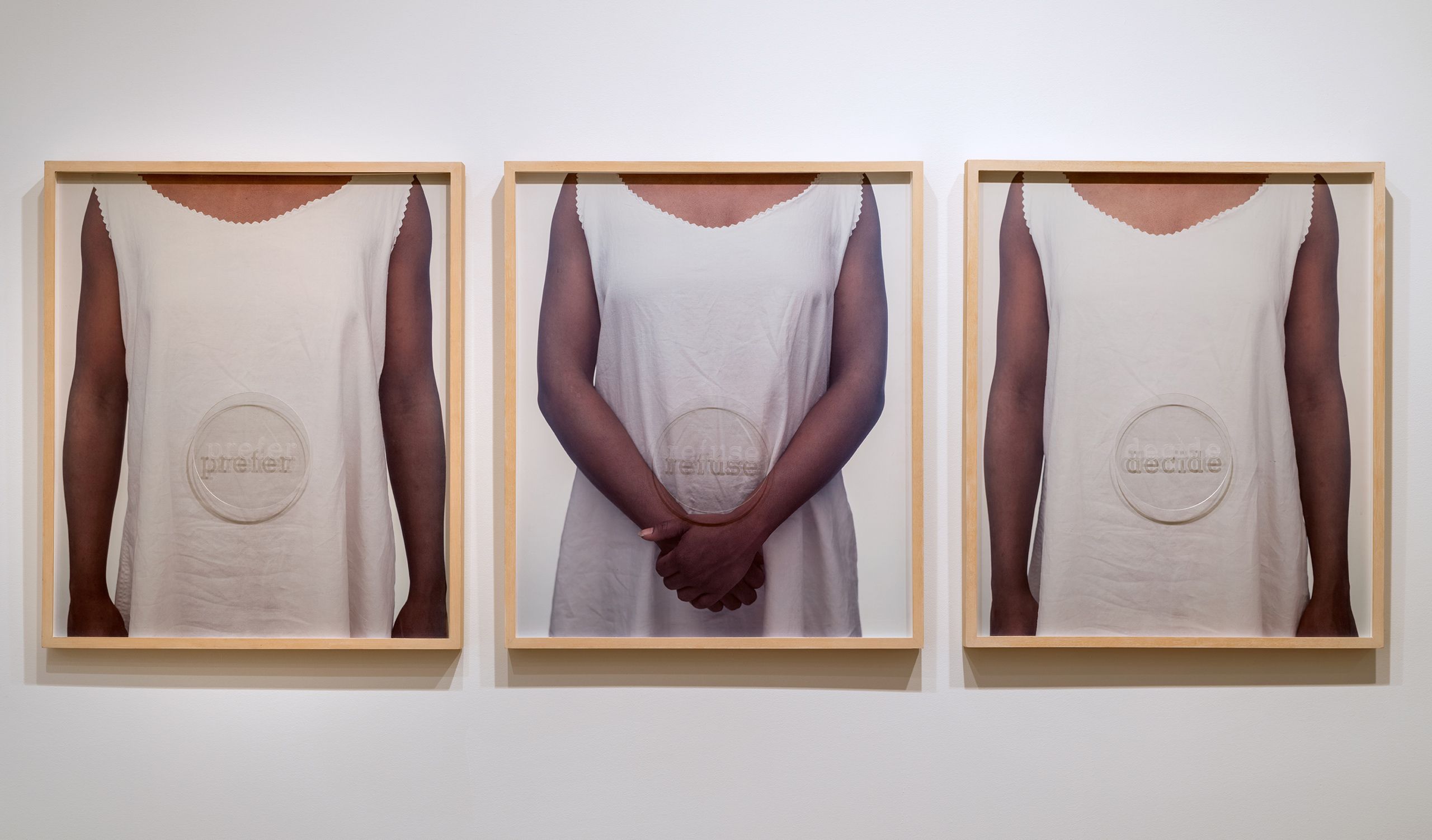 3 dye diffusion color Polaroid prints, 3 Plexiglas plaques - Overall: 24 3/4 x 68 1/4 x 1 1/4 in (62.9 x 173.4 x 3.2 cm) Untitled (prefer, refuse, decide), 1989