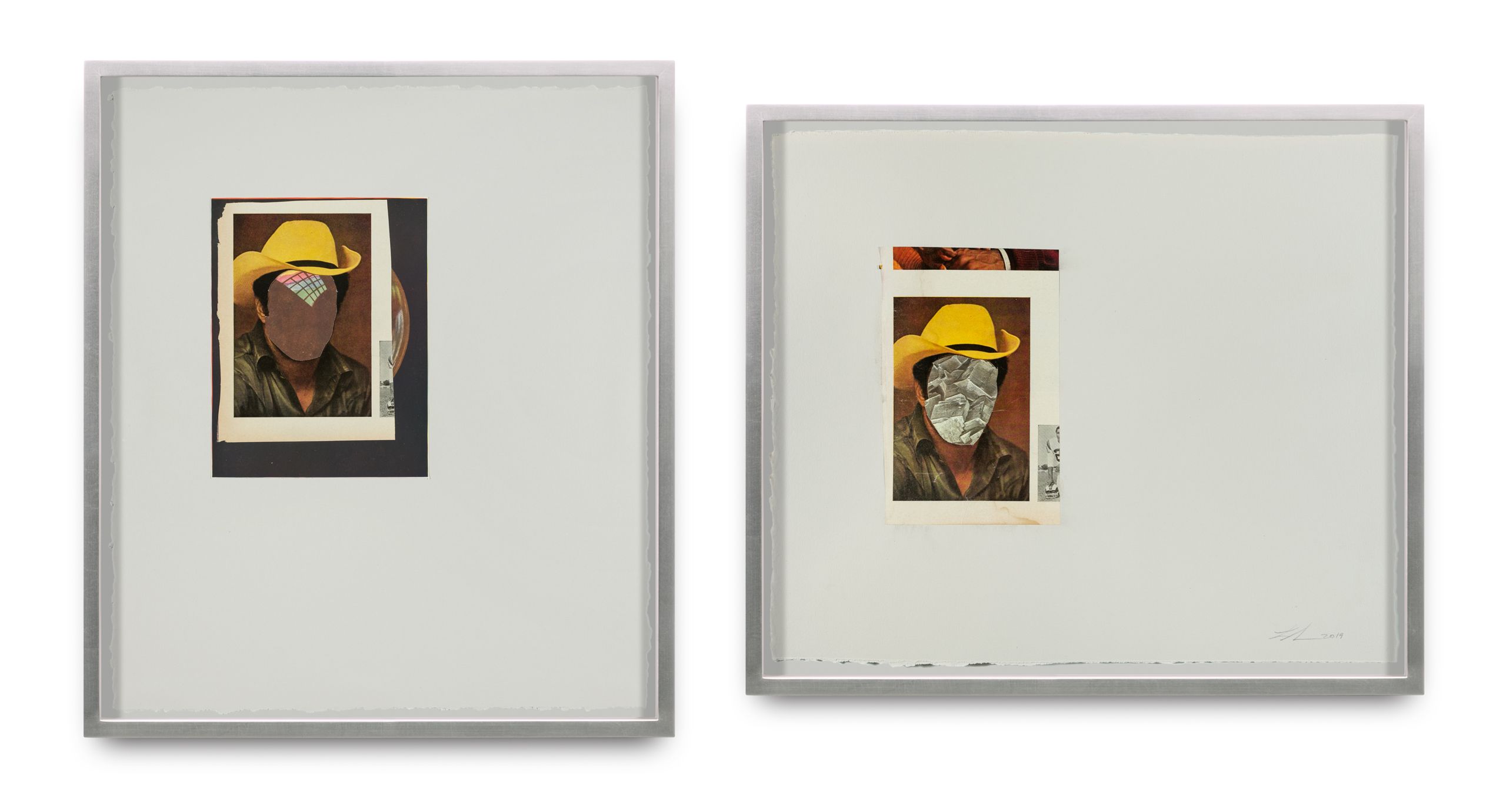Collage on paper, 2 framed collages - #1: 18 5/8 x 16 1/4 x 1 1/2 in (47.3 x 41.3 x 3.8 cm) #2: 16 1/4 x 18 5/8 x 1 1/2 in (41.3 x 47.3 x 3.8 cm) Cowboy, 2019