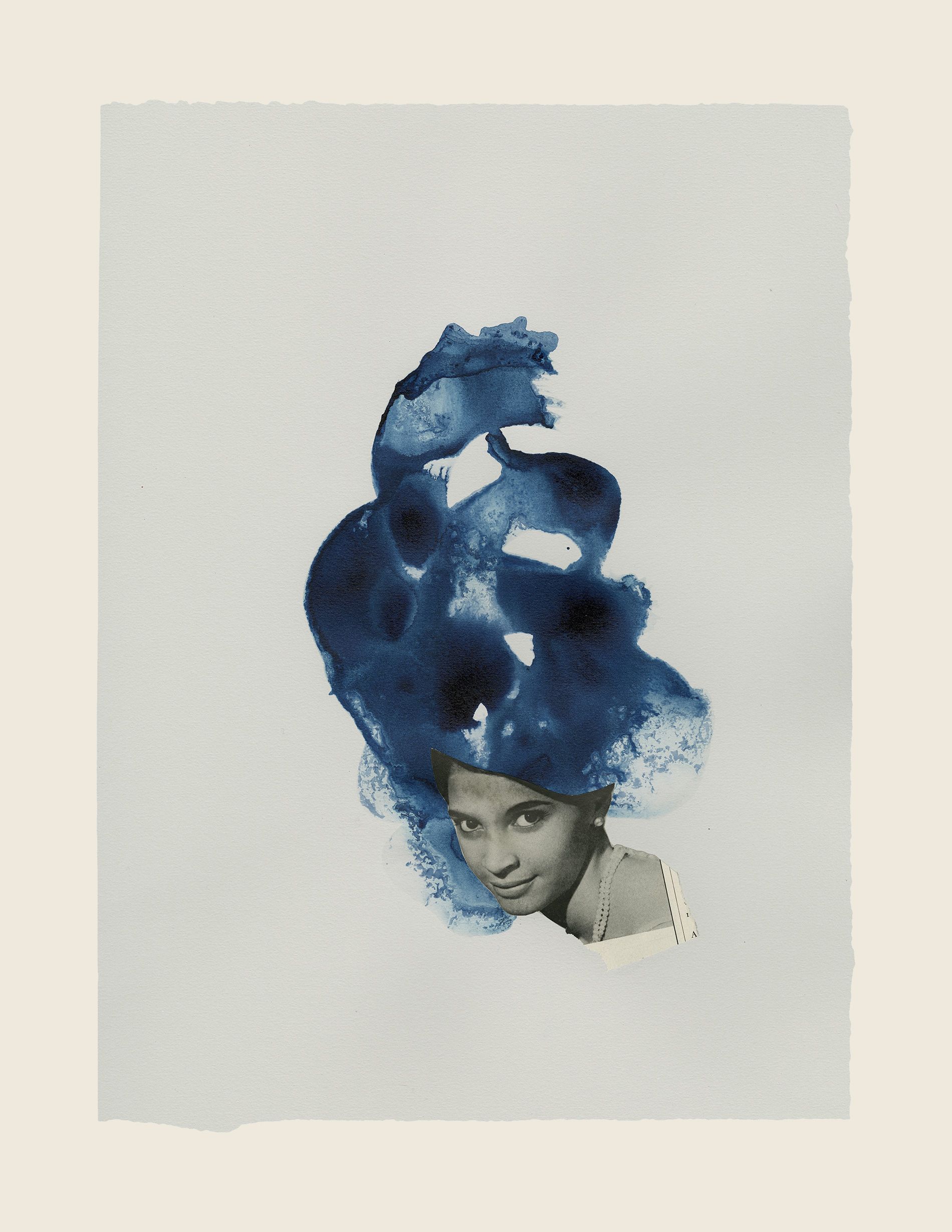 2 collages with ink on paper - Each: 18 1/2 x 14 5/8 in (47 x 37.1 cm) Too Blue (left), 2013