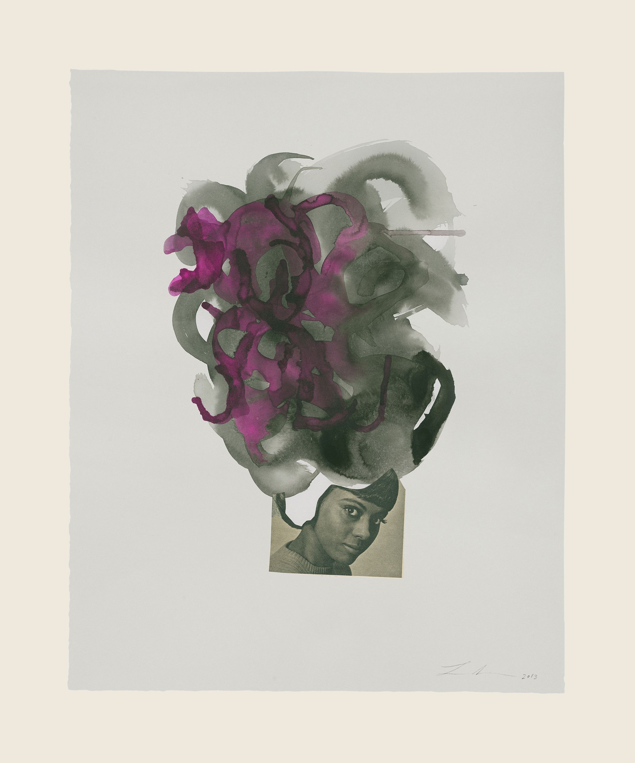 Collage and ink on paper - 29 1/2 x 21 5/8 in (74.9 x 54.9 cm) Purple Smoke, 2013