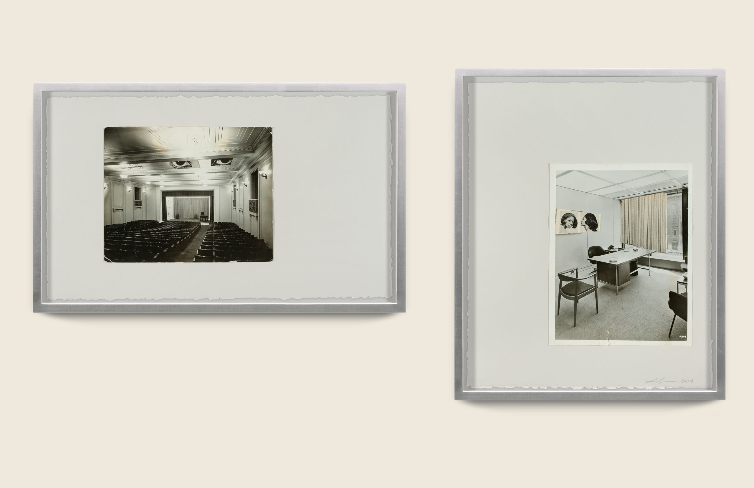 Found photograph and collage on paper - 2 framed collages - Dimensions (from left) #1: 12 11/16 x 20 5/8 x 1 1/2 in (32.2 x 52.4 x 3.8 cm) #2: 18 3/8 x 15 x 1 1/2 in (46.7 x 38.1 x 3.8 cm) Interiors, 2019