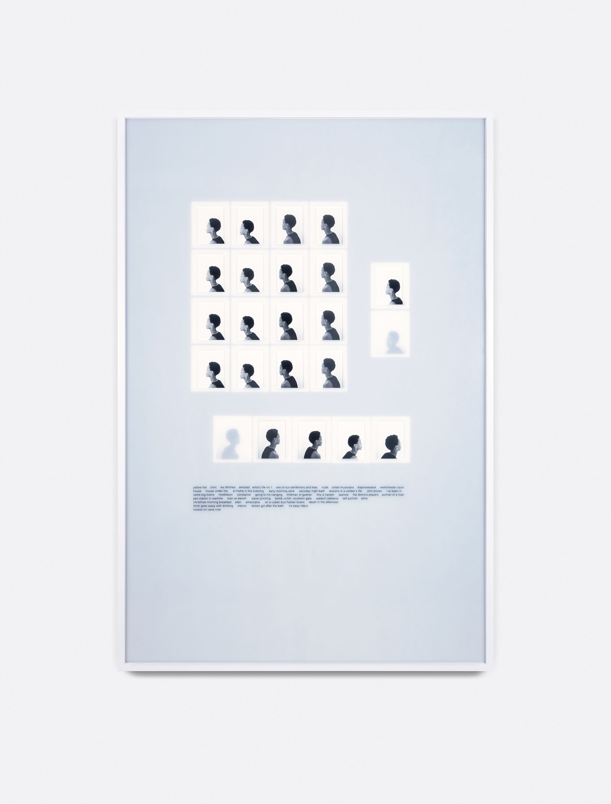 Silver gelatin prints, vinyl lettering
- 61 x 41 x 1 in (154.9 x 104.1 x 2.5 cm) Untitled (Yellow hat), 2001