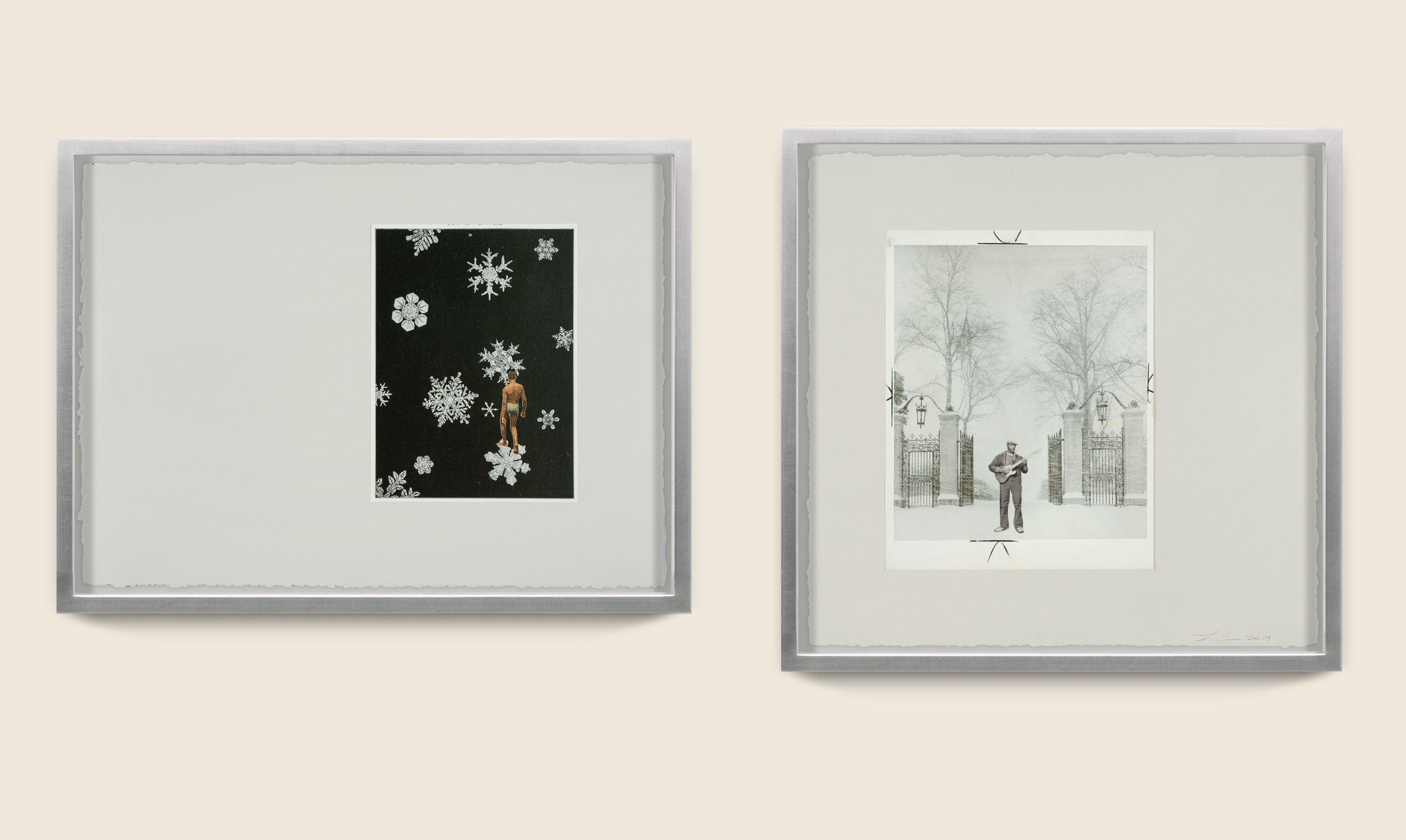 Found photograph and collage on paper - 2 framed collages - Dimensions (from left) #1: 14 x 18 11/16 x 1 1/2 in (35.6 x 47.5 x 3.8 cm) #2: 16 x 16 1/2 x 1 1/2 in (40.6 x 42 x 3.8 cm) Sound Variations, 2019