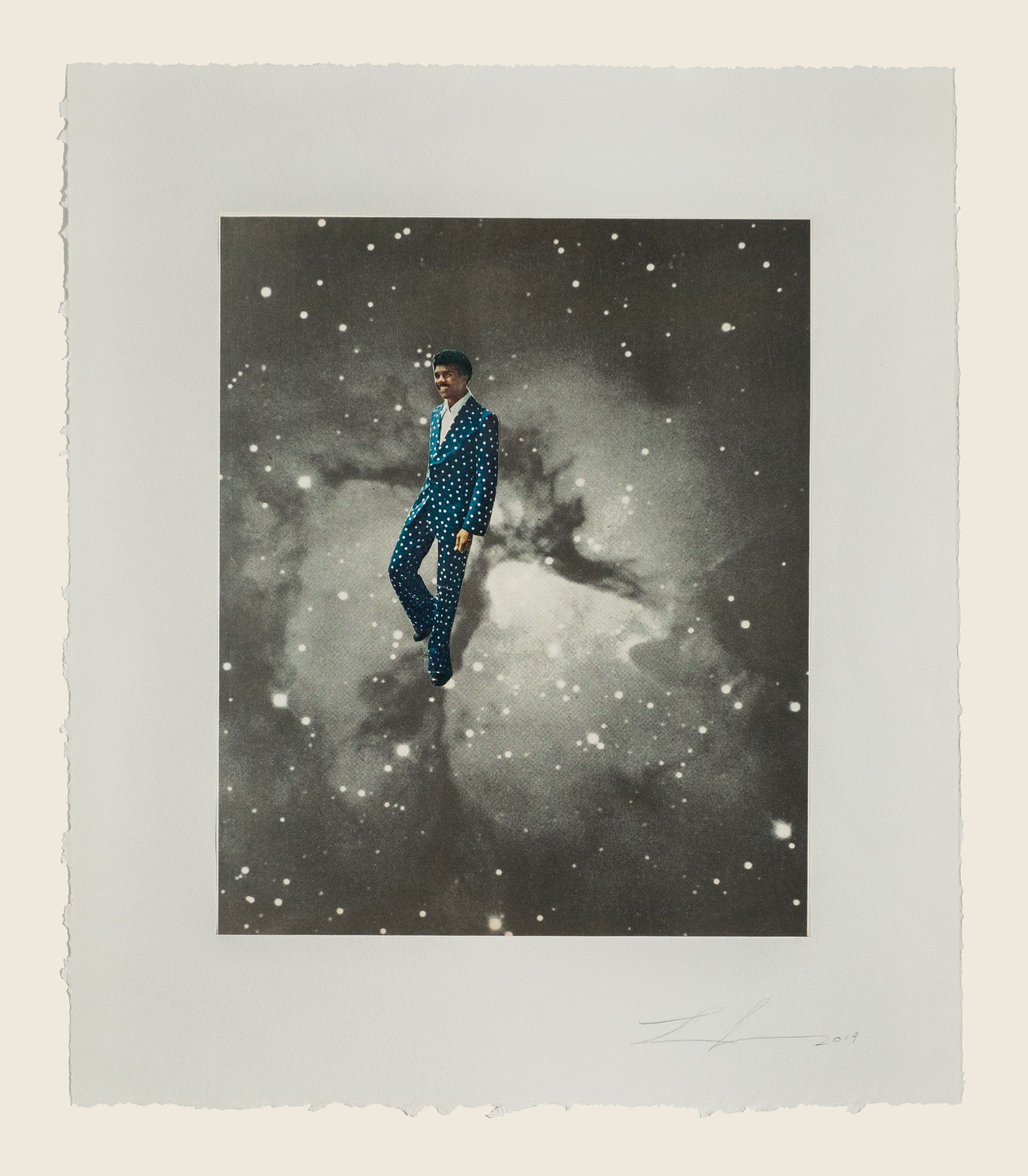 Found photograph and collage on paper - 15 1/4 x 13 1/4 x 1 1/2 in (38.7 x 33.7 x 3.8 cm) Space Suit, 2019