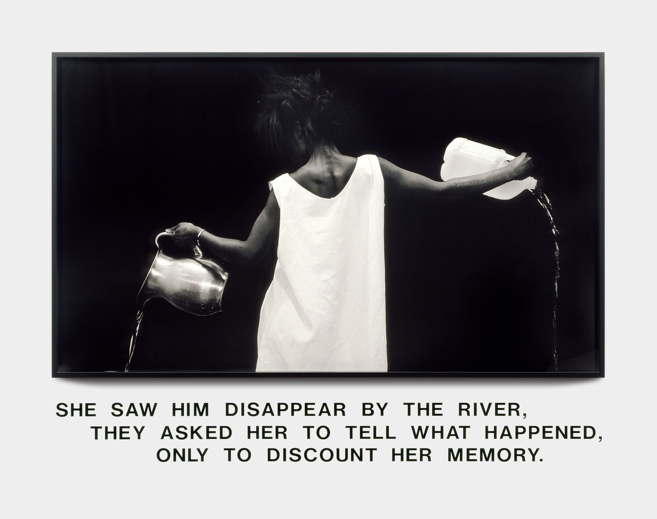 Silver gelatin print, vinyl lettering - Overall: 59 x 80 x 2 1/2 in (149.9 x 203.2 x 6.4 cm), "What Lorna does is confound our standard notion of looking by giving us a subject whose absent face is distinctly there, as in the Negro presence in the history of art, rarely acknowledged, rarely felt. These pieces are about colored anxiety filling the room of one's consciousness." -Hilton Als Waterbearer, 1986