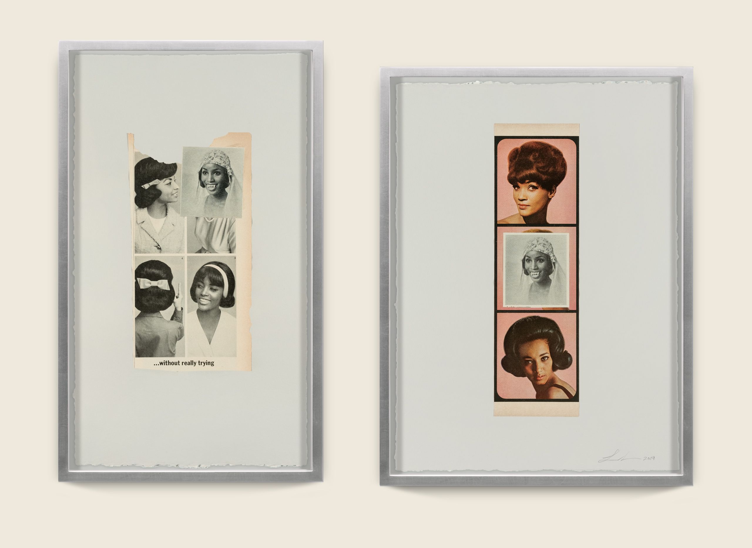 Collage on paper - 2 framed collages - Demensions (from left)  #1: 20 x 12 x 1 1/2 in (30.5 x 50.8 x 3.8 cm) #2: 19 x 14 3/16 x 1 1/2 in (48.3 x 36 x 3.8 cm) Without Really Trying, 2019