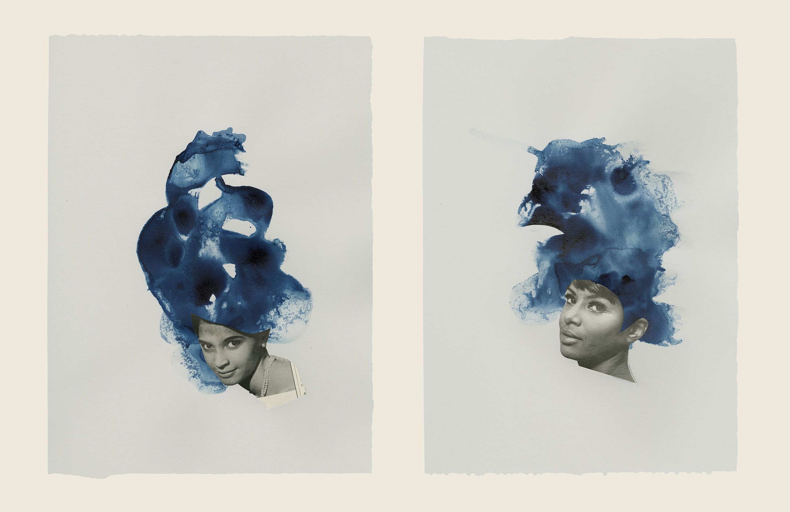 2 collages with ink on paper - Overall: 18 1/2 x 30 in (47 x 76.2 cm) Too Blue, 2013