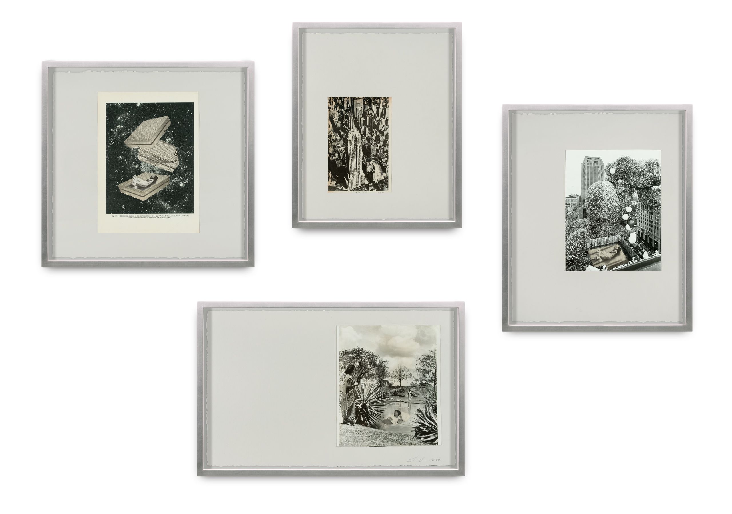 Found photograph and collage on paper, 4 framed collages - Dimensions (clockwise from left) #1: 16 x 16 1/2 x 1 1/2 in (40.6 x 42 x 3.8 cm) #2: 16 x 13 1/8 x 1 1/2 in (40.6 x 33.3 x 3.8 cm) #3: 17 5/8 x 14 3/4 x 1 1/2 in (44.8 x 37.5 x 3.8 cm) #4: 13 1/2 x 20 3/4 x 1 1/2 in (34.3 x 52.7 x 3.8 cm) Slept, 2020