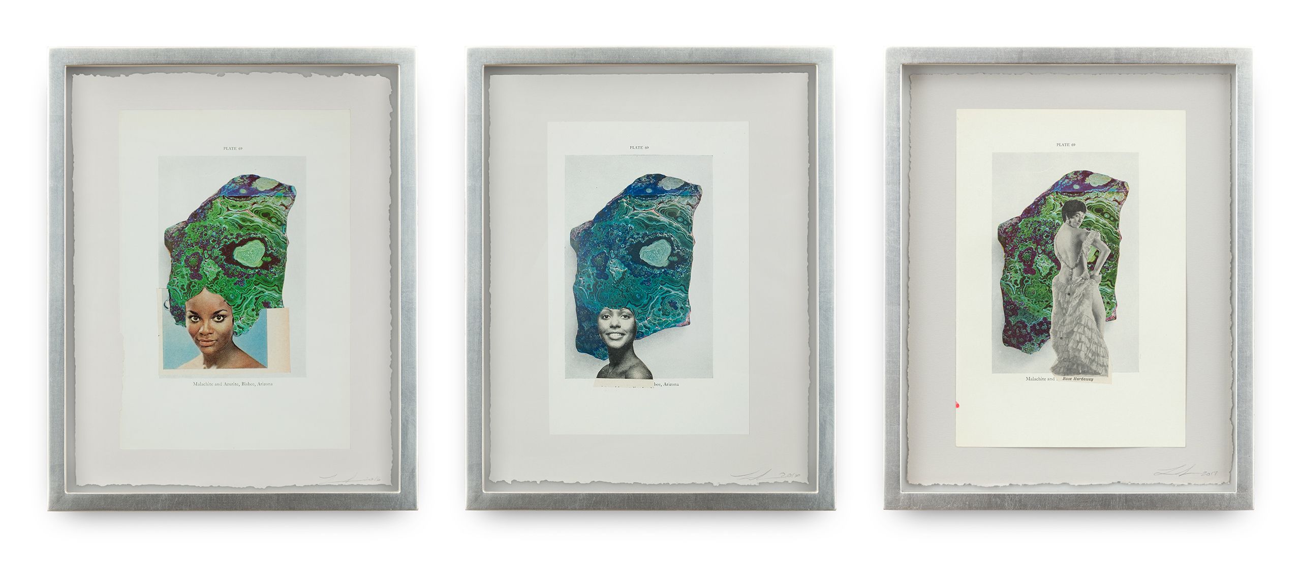 Collage on paper, 3 framed collages - Each: 12 1/2 x 10 x 1 1/2 in (31.75 x 25.4 x 3.8 cm) - Installation dimensions variable The wearer is enabled to tell the future, 2016-2017