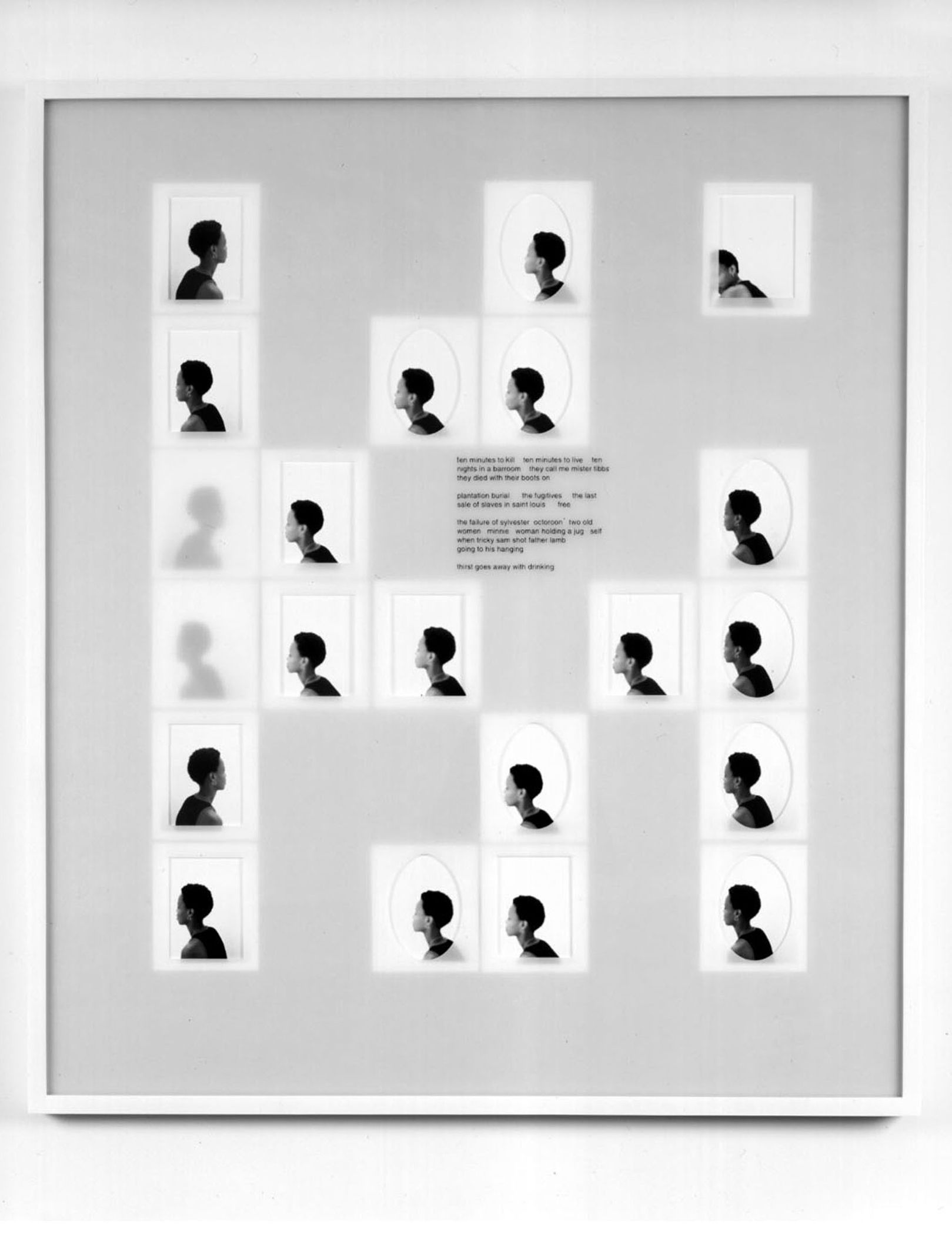 Silver gelatin prints, vinyl lettering
- 41 x 36 in (104.2 x 91.5 cm) Untitled (ten minutes to kill), 2001