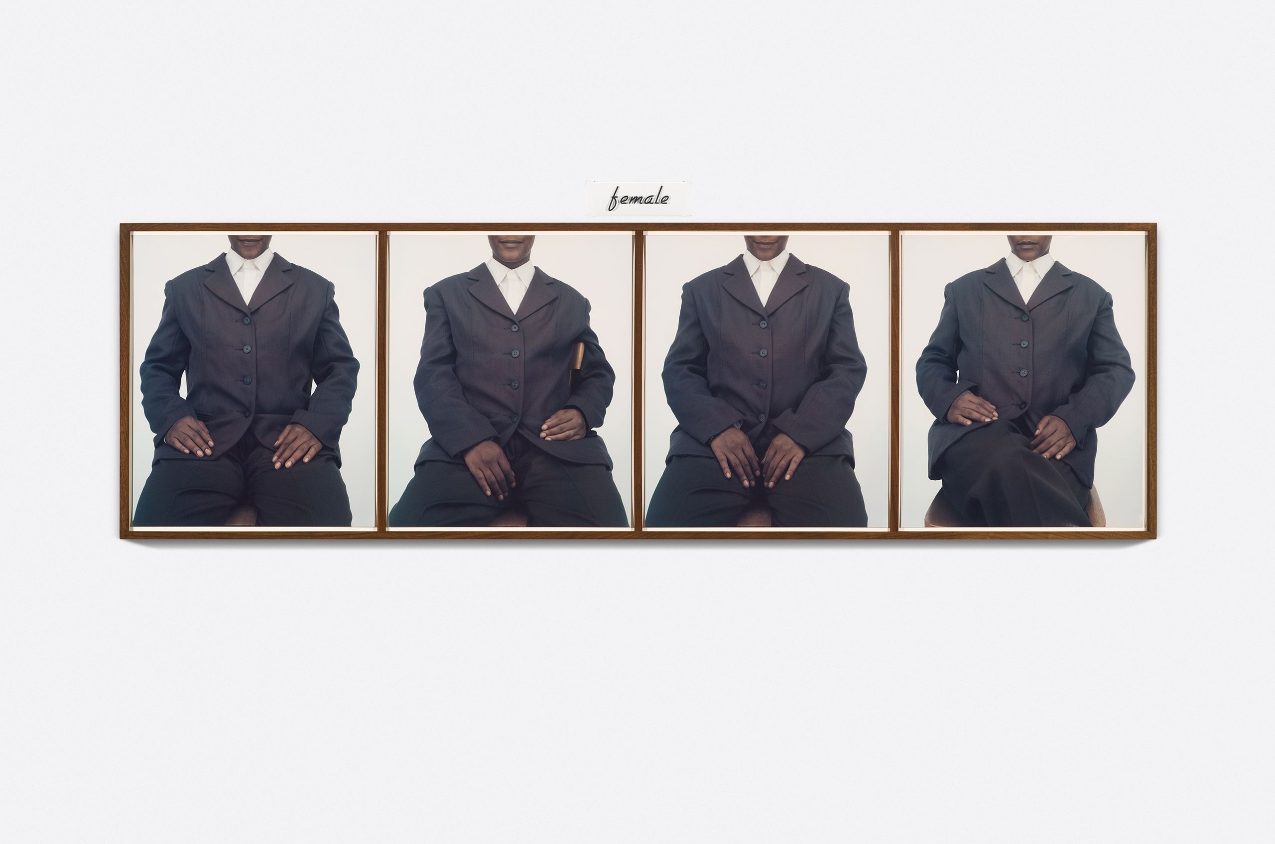 4 dye diffusion color Polaroid prints, 1 engraved plastic plaque - Overall: 28 7/8 x 85 1/8 x 2 in (73.3 x 216.2 x 5.1 cm), "In works such as She (1992), the female form is beheaded by the word “Female,” which comes to replace a tangible subject identity with a hypercontextualized representation.  This active deviance from portraiture’s claim that the face is the window to the soul is a defining element in Simpson’s work, which introduces gray into the black-and-white binaries of absence and presence, loss and possession, and the desired and the undesirable." -The Studio Museum in Harlem She, 1992