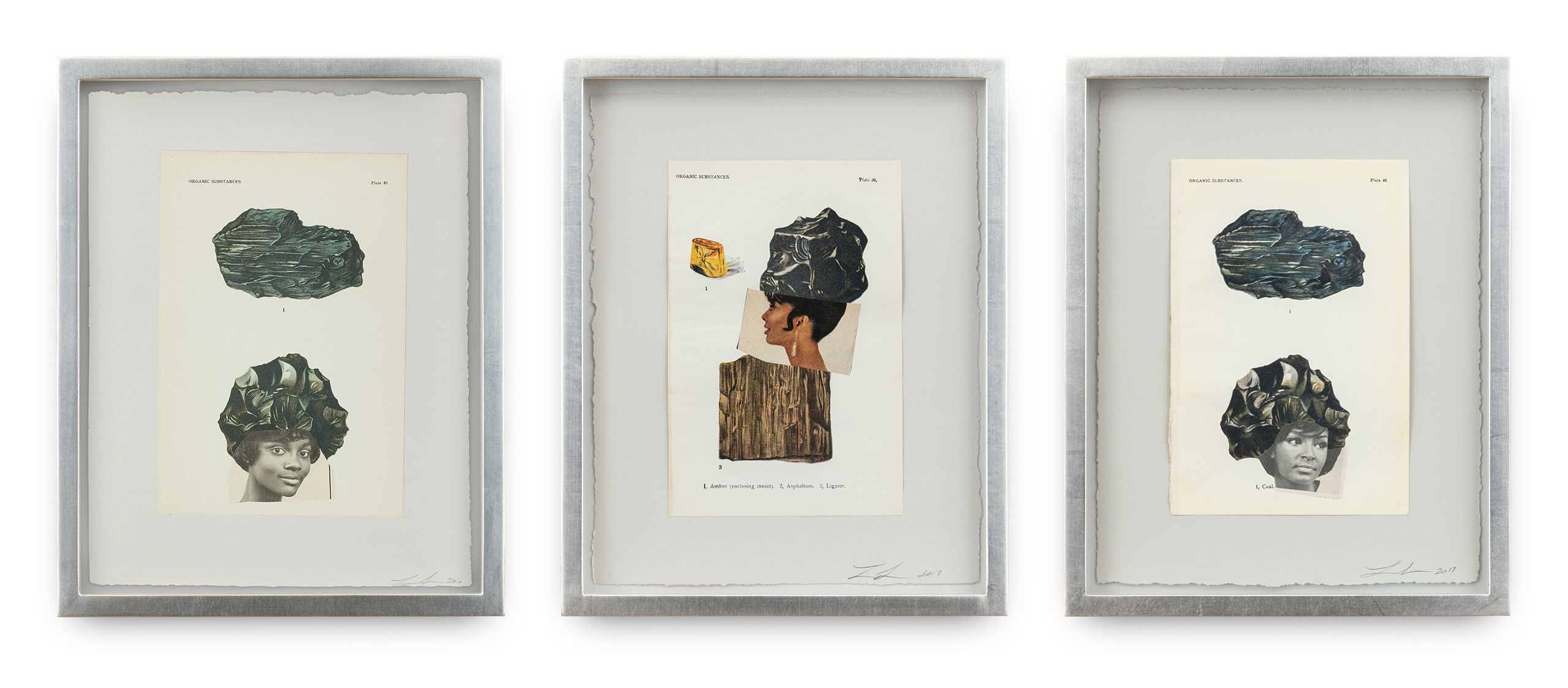 Collage on paper, 3 framed collages - Each: 12 1/2 x 10 x 1 1/2 in (31.75 x 25.4 x 3.8 cm) Black Gem, 2016-2017