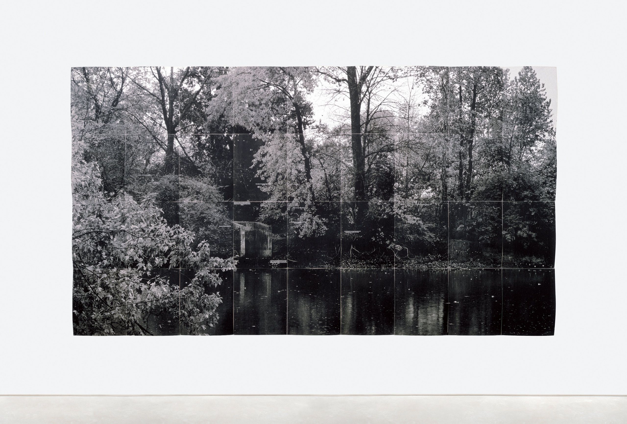 Serigraph on 36 felt panels - Overall: 120 x 216 in (304.8 x 548.6 cm), "... Still presents itself as a nostalgic reference to the majesty of nineteenth-century American landscape painting and photography as epitomized in the work of Frederick Church or William Henry Jackson. Interrupting this bucolic serenity, however, is the printed text that draws the viewer right up to the work's surface. Almost before one realizes it, one's role of surveillance is made physically apparent by moving this distance from outside the pictorial space up to its surface. The viewer has intruded, undetected, into the site of these implied narratives. While giving little access to the details of this realm, Simpson does what she has done so well in her past work, which is to thrust the viewer into the role of the voyeur, thus underscoring one's relationship to the content of the work." -Sarah J. Rogers Still, 1997