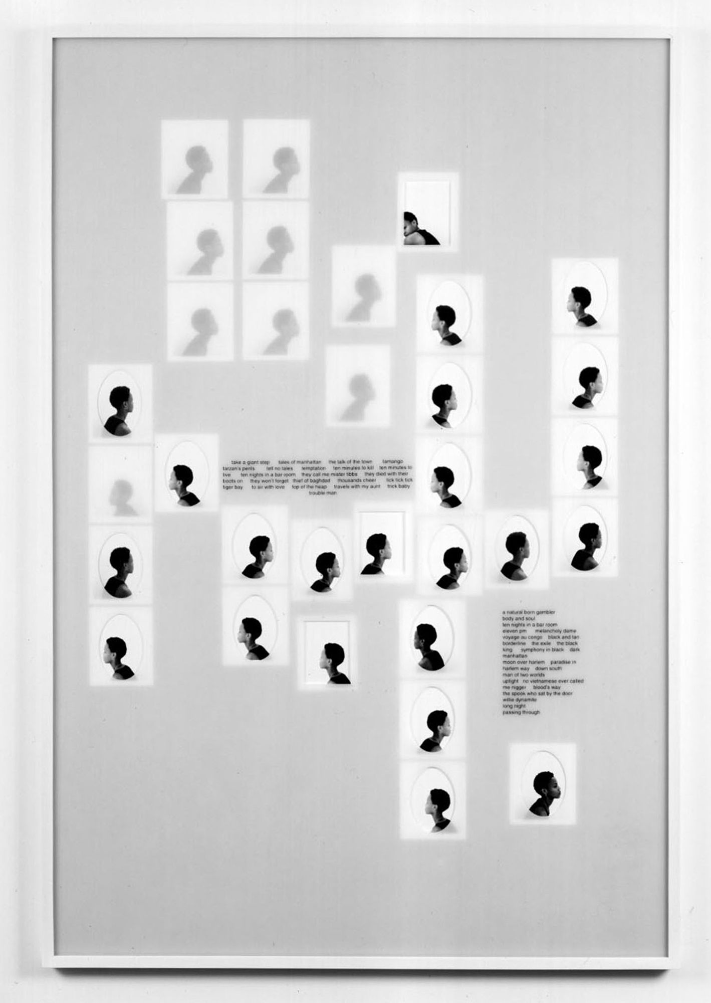 Silver gelatin prints, vinyl lettering
- 61 x 41 x 1 in (154.9 x 104.1 x 2.5 cm) Untitled (take a giant step), 2001