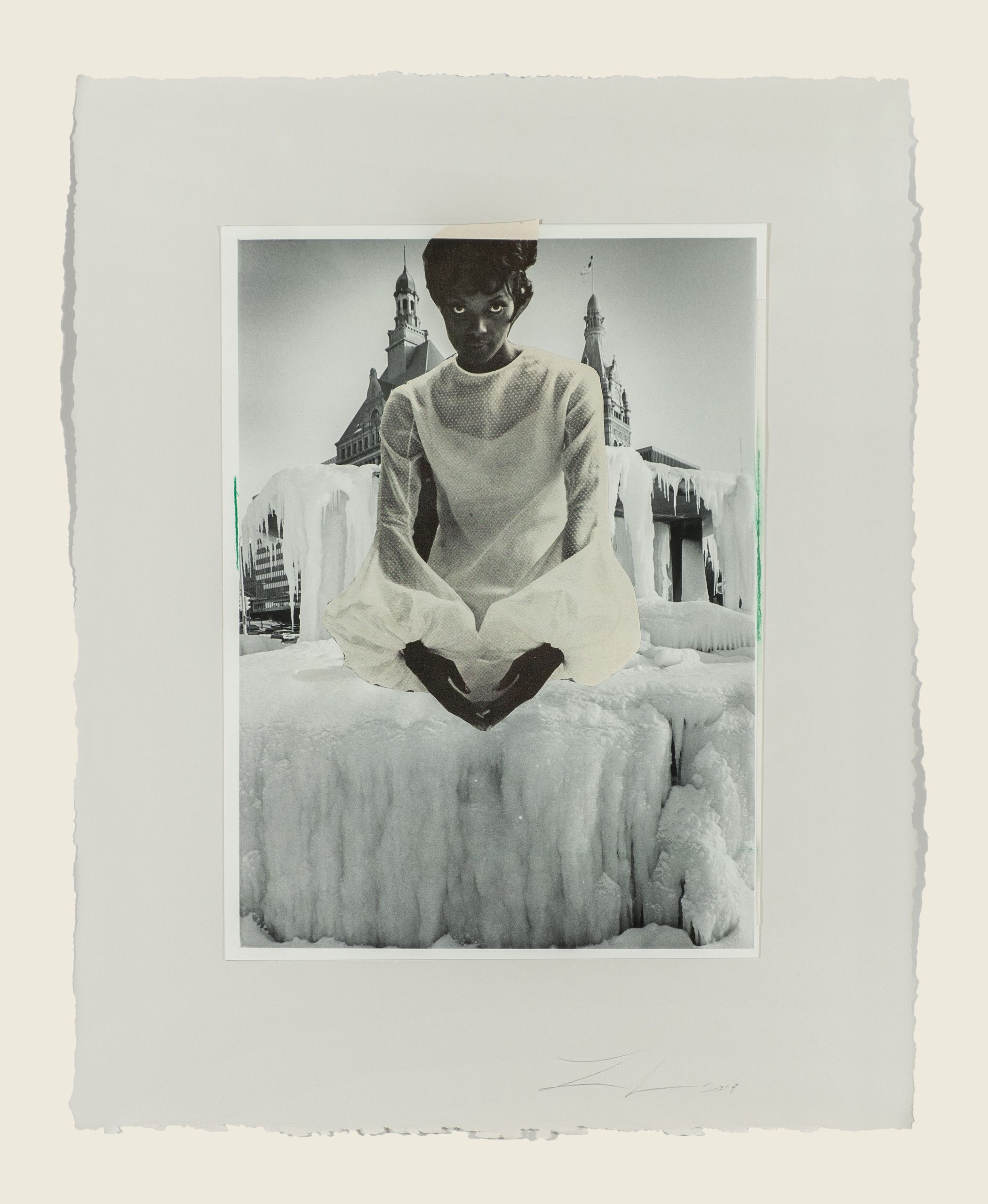 Found photograph and collage on paper - 15 3/4 x 12 3/4 x 1 1/2 in (40 x 32.4 x 3.8 cm) Temperatures, 2019