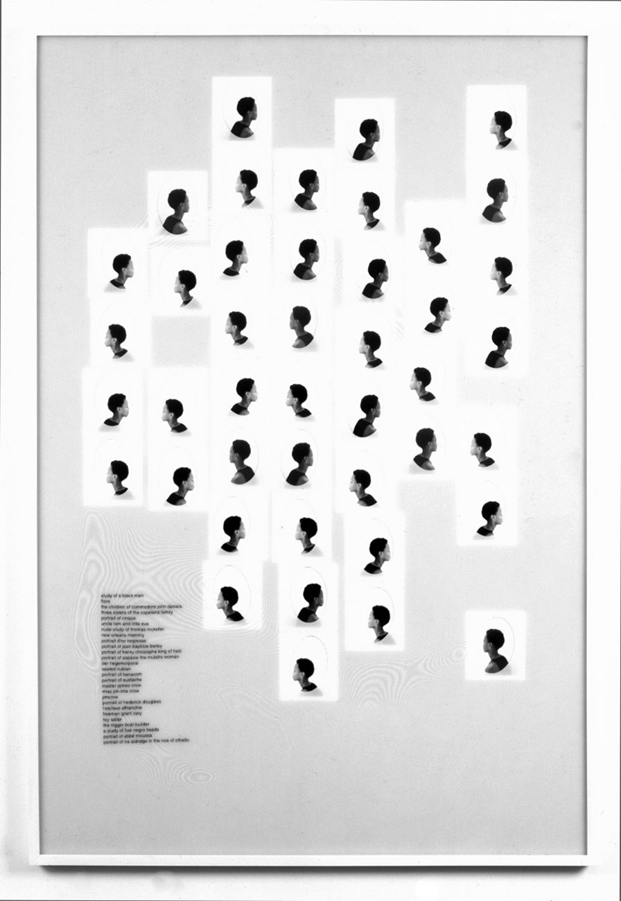 Silver gelatin prints, vinyl lettering
- 61 x 41 x 1 in (154.9 x 104.1 x 2.5 cm) Untitled (Study of a black man), 2001