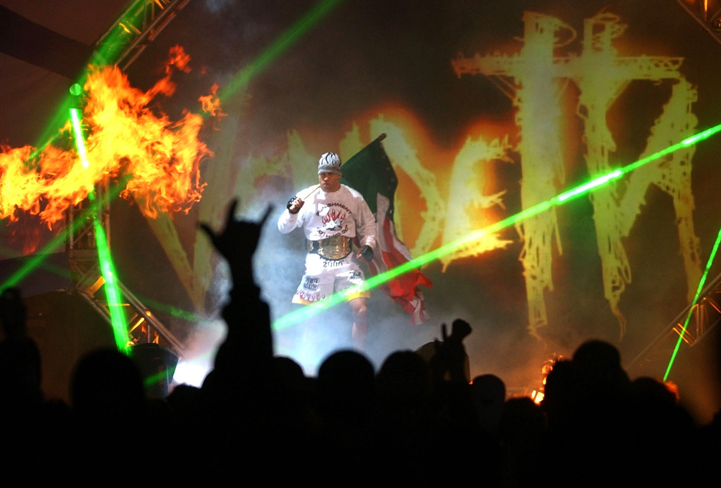 Tito Ortiz makes his way into the arena during the Ultimate Fighting Championship 40 at the MGM Grand hotel-casino in Las Vegas on Friday, Nov. 22, 2002. Ortiz defeated Ken Shamrock for the UFC light heavyweight title. UFC 40