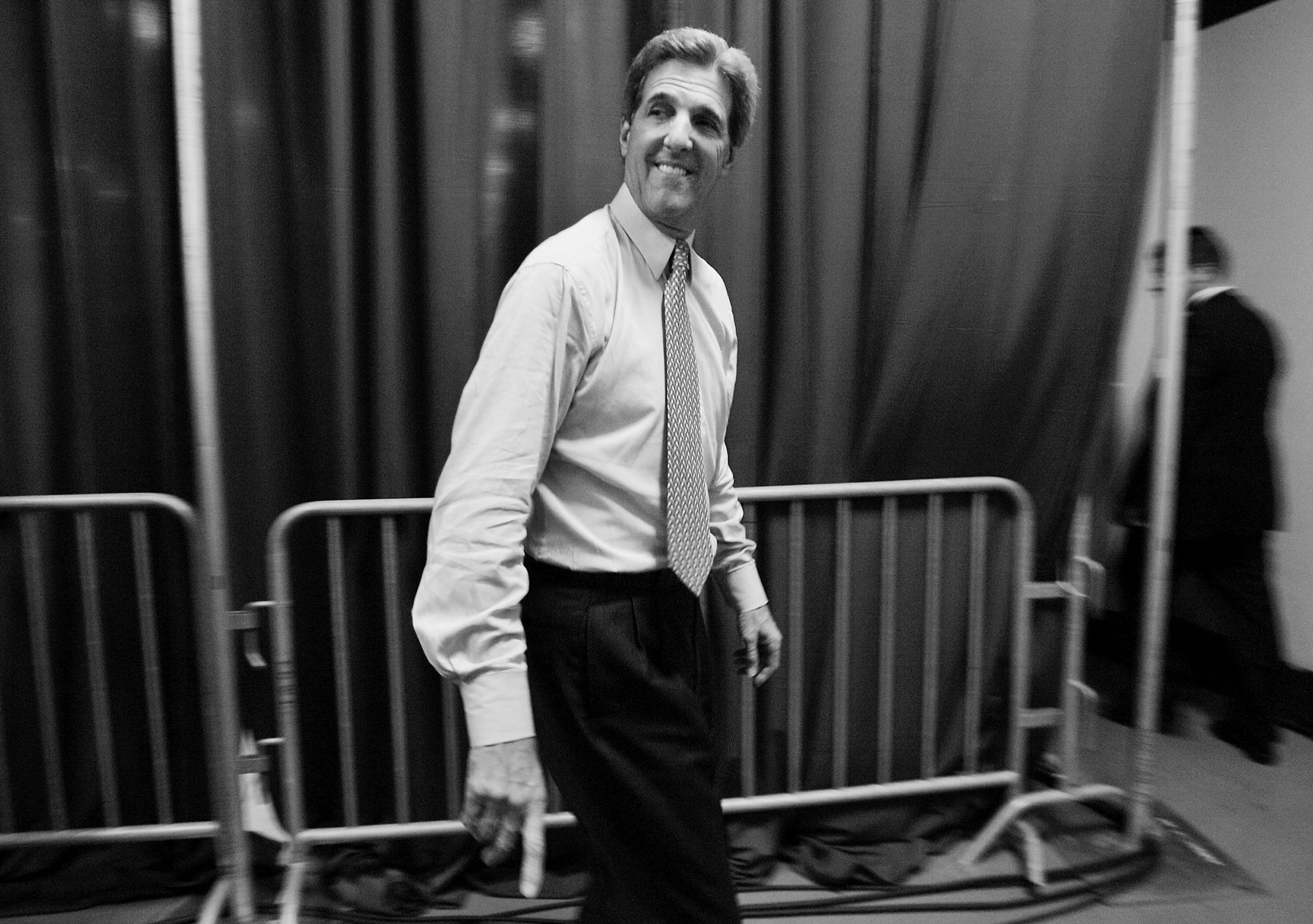 Democratic presidential candidate Sen. John Kerry, D-Mass., smiles as he leaves the stage after speaking at a campaign event in Orlando, Fla. on Friday, Oct. 29, 2004.  John Kerry Presidential Campaign 2004