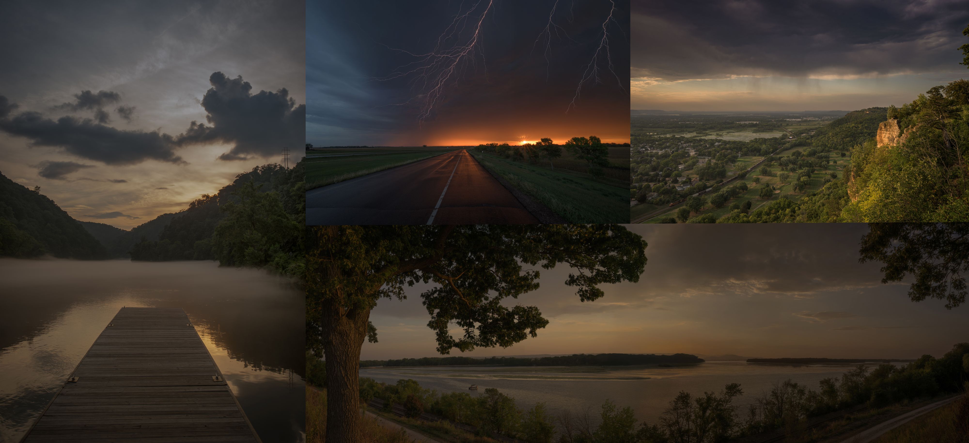 Landscapes of North Carolina Lake, South Dakota electrical storm, the Mississippi shoreline in Lacrosse Wisconsin, the bluffs Lacrosse Wisconsin of as a storm coming in.