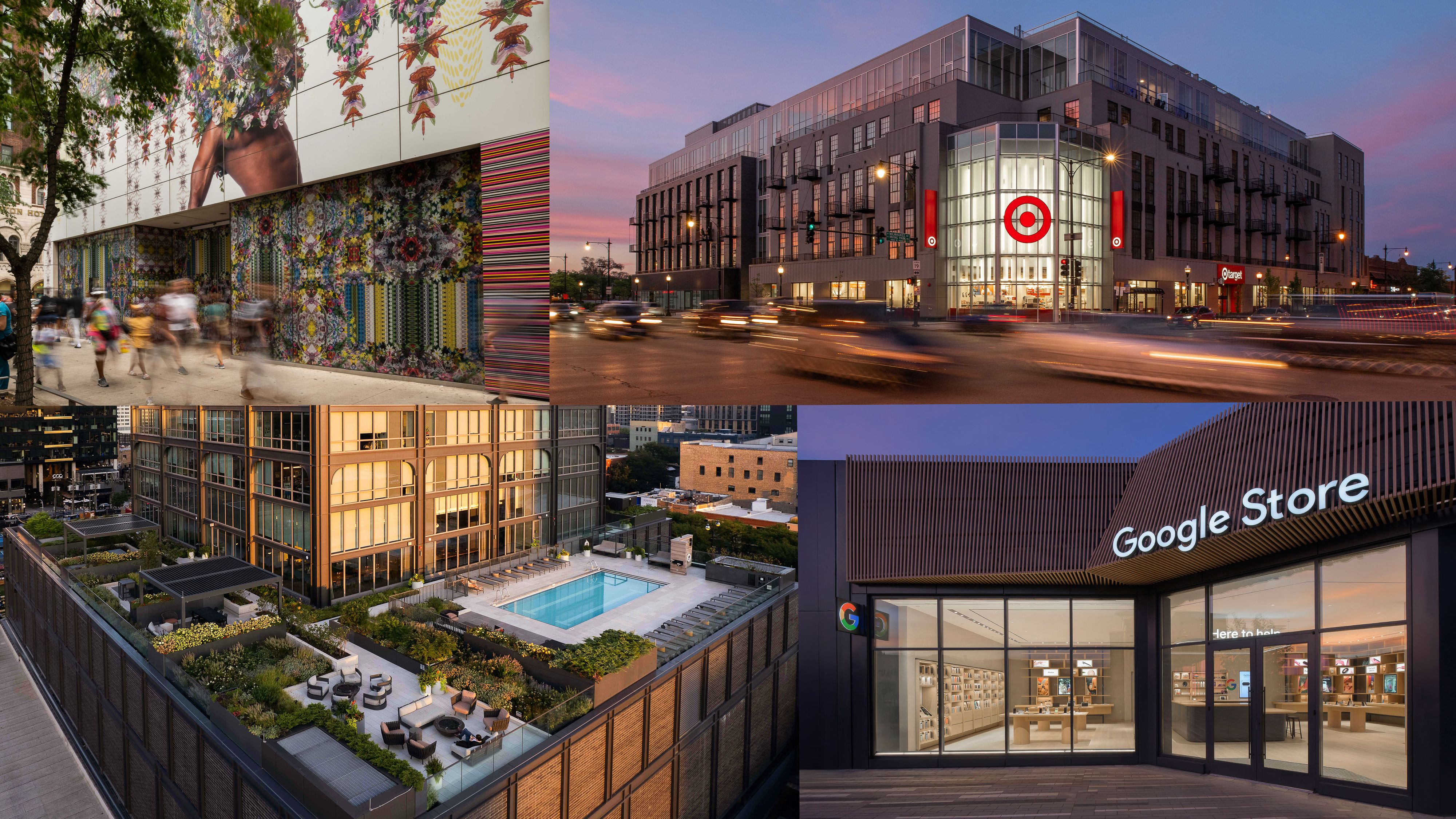Google Store, Six Corner Lofts, Michigan Ave, Keller Center in U of C Campus, Chicago, Illinois Architecture 