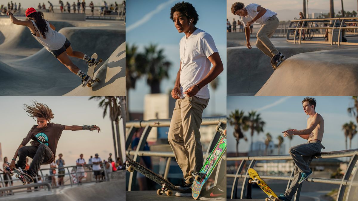 LA skaters in Santa Monica near Los Angeles, a popular spot for skateboarders.