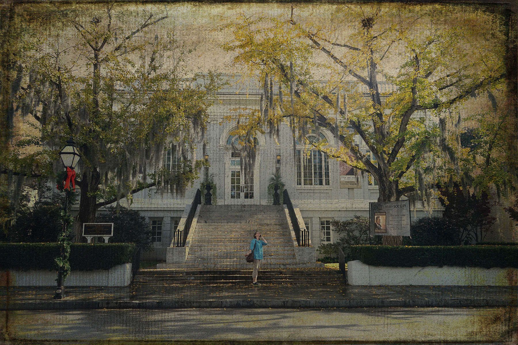 A Woman Walking by a Library